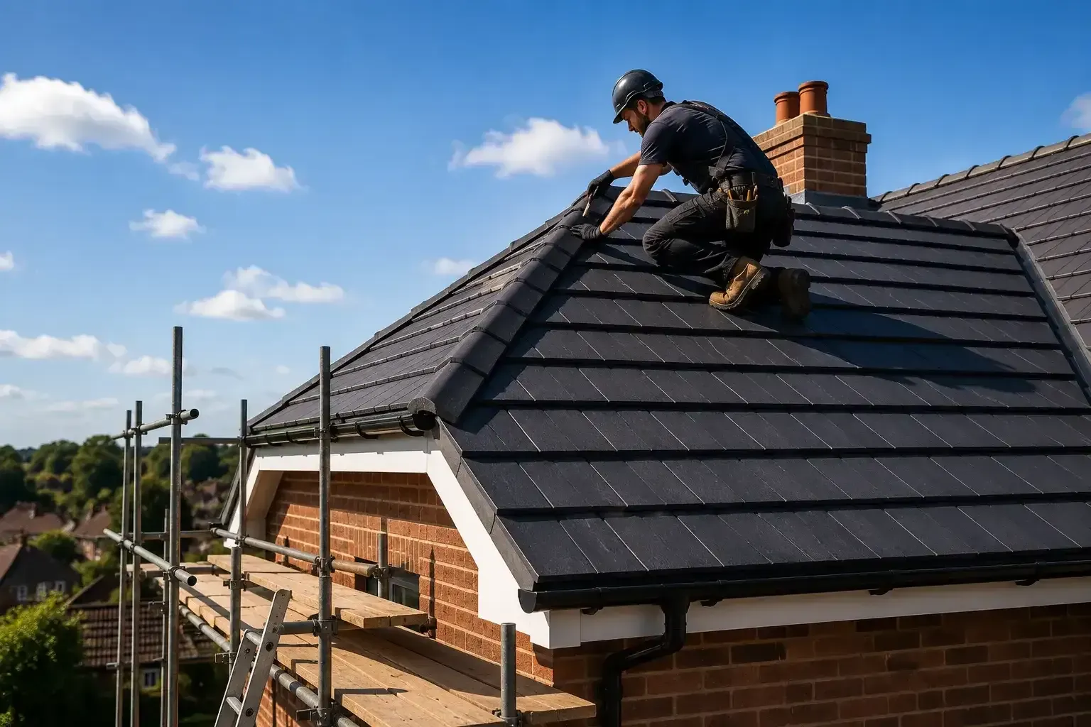 Roofer working on residential roof installation