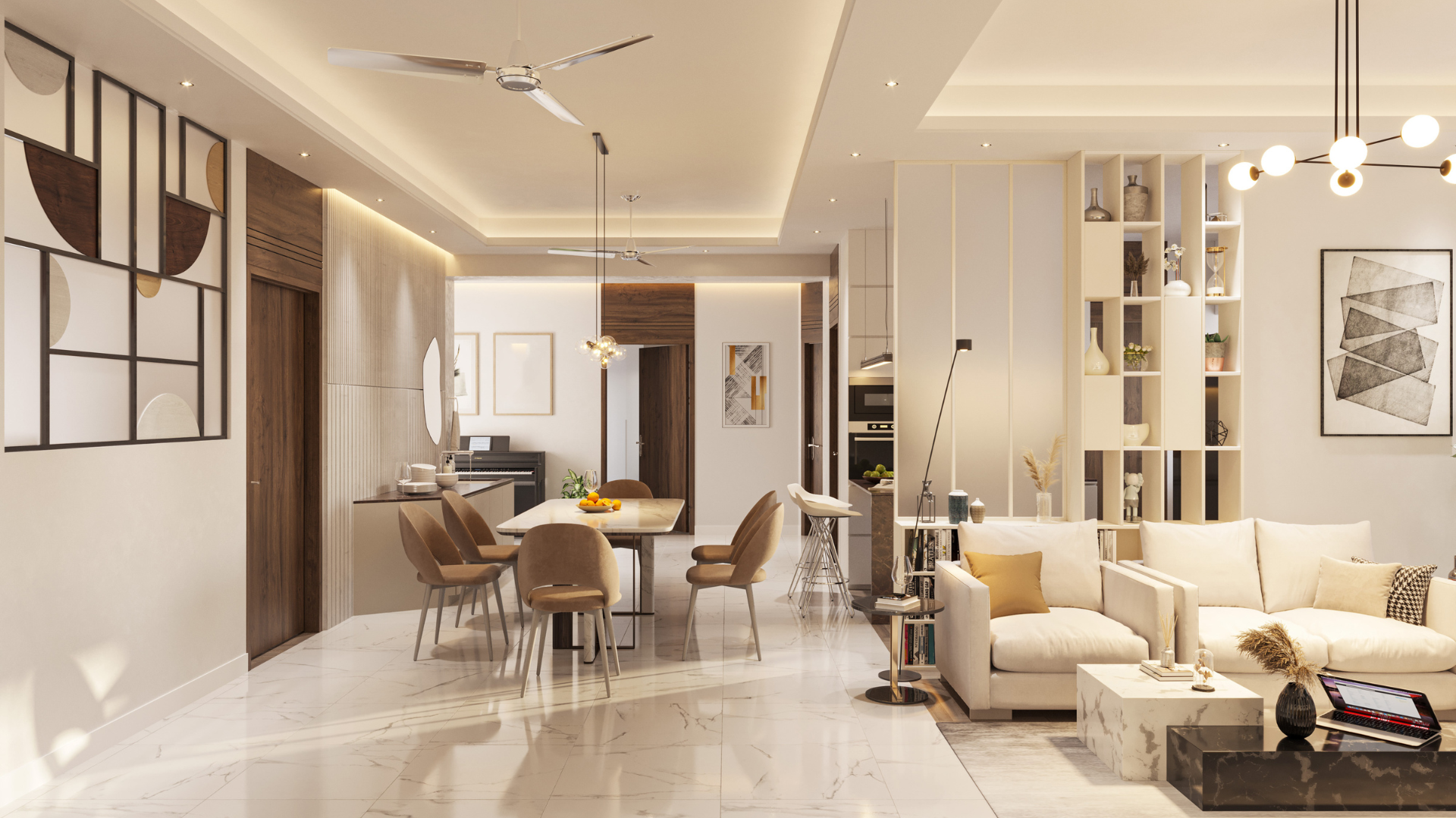 Modern beige open-plan living and dining room with sofa, table, wall art, and pendant lights