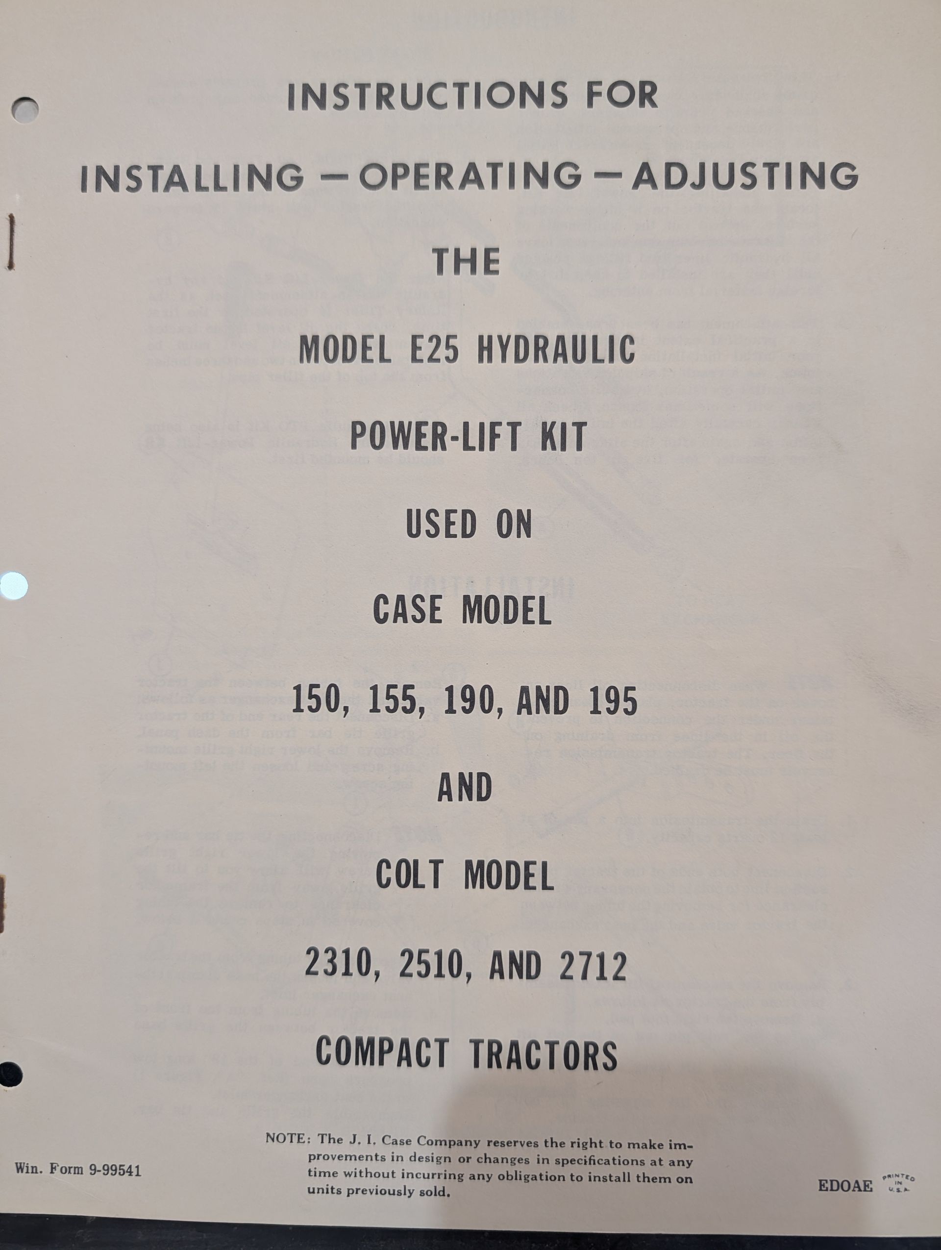 9-99541 OM E25 HYDRAULIC POWER LIFT KIT 150 155 190 195 2310 2510 2712
