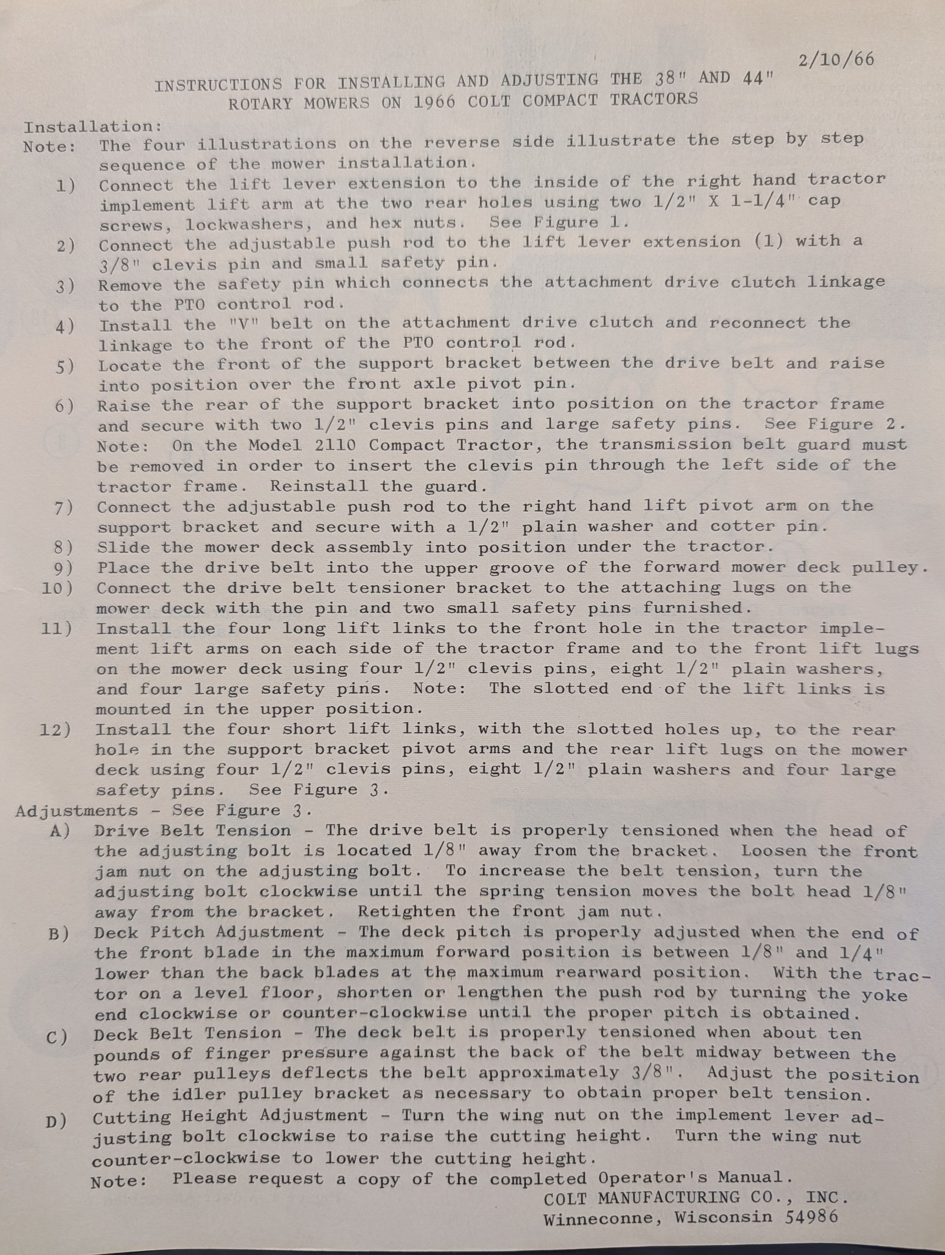 INSTRUCTIONS FOR INSTALLING & ADJUSTING 38" & 44" ROTARY MOWER ON 1966 COLT TRACTORS