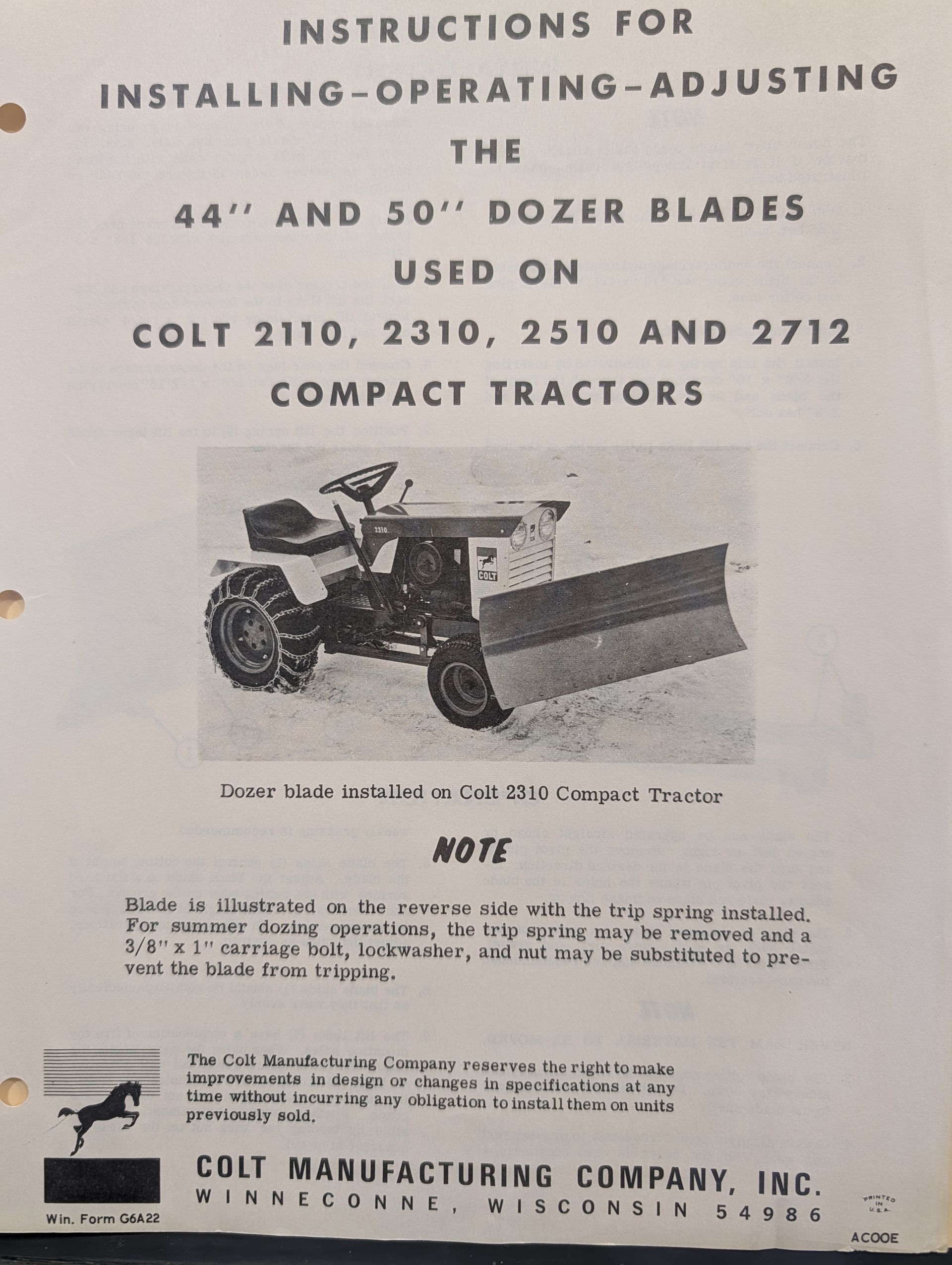 G6A22 INSTRUCTIONS FOR INSTALLING 44" & 50" DOZER BLADES COLT 2110 2310 2510 2712 TRACTORS