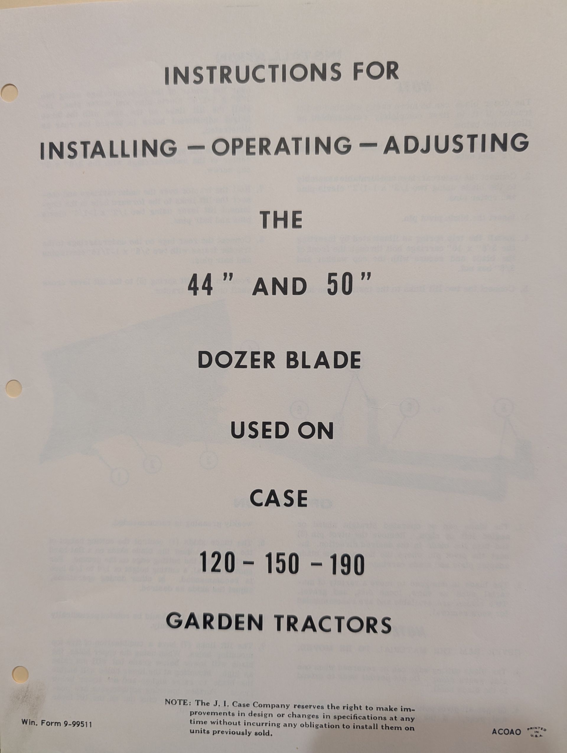 9-99511 INSTRUCTIONS FOR INSTALLING 44" & 50" DOZER BLADE 120 150 190 TRACTORS