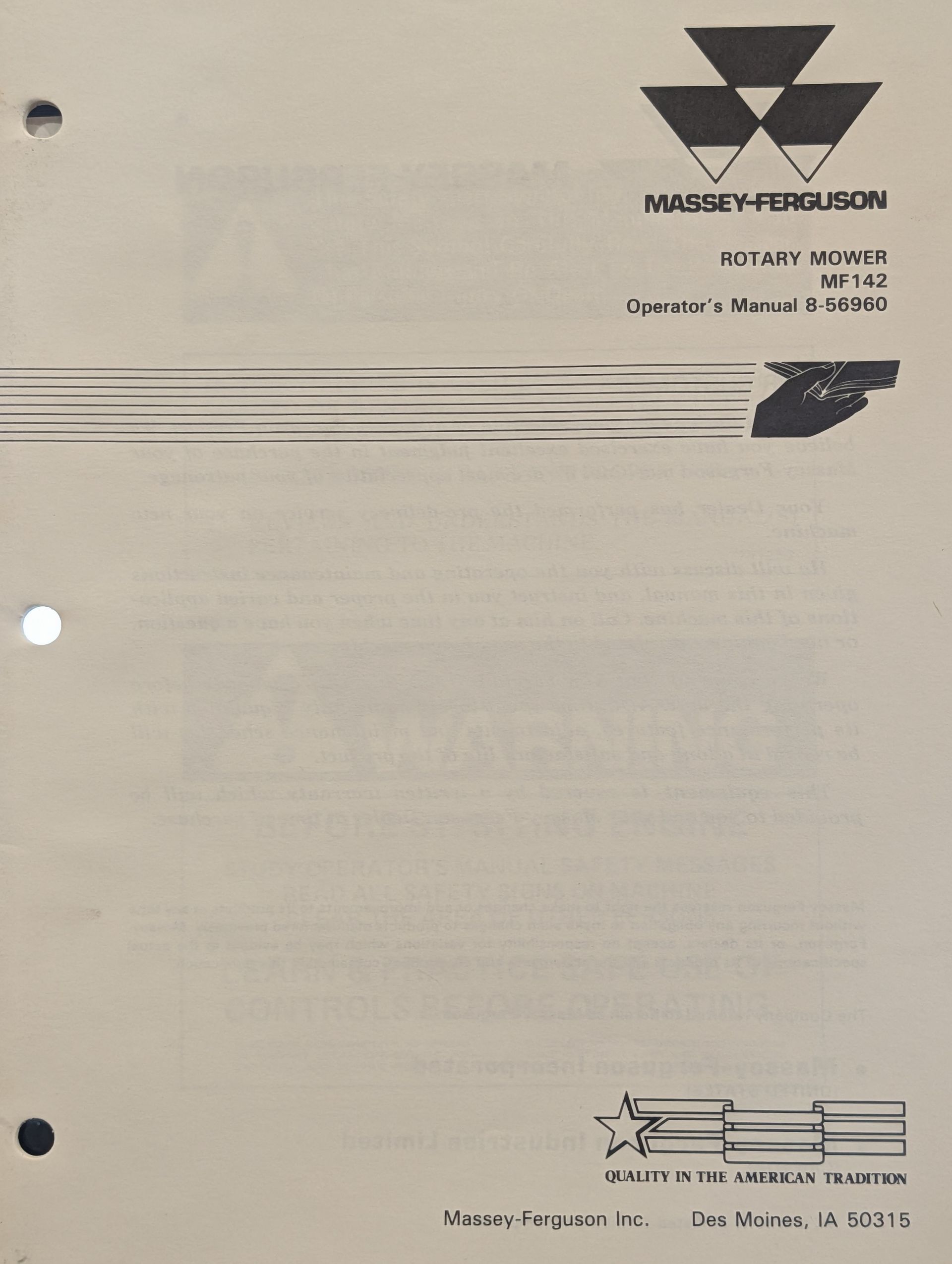 8-56960 OM MF MASSEY FERGUSON MF142 ROTARY MOWER