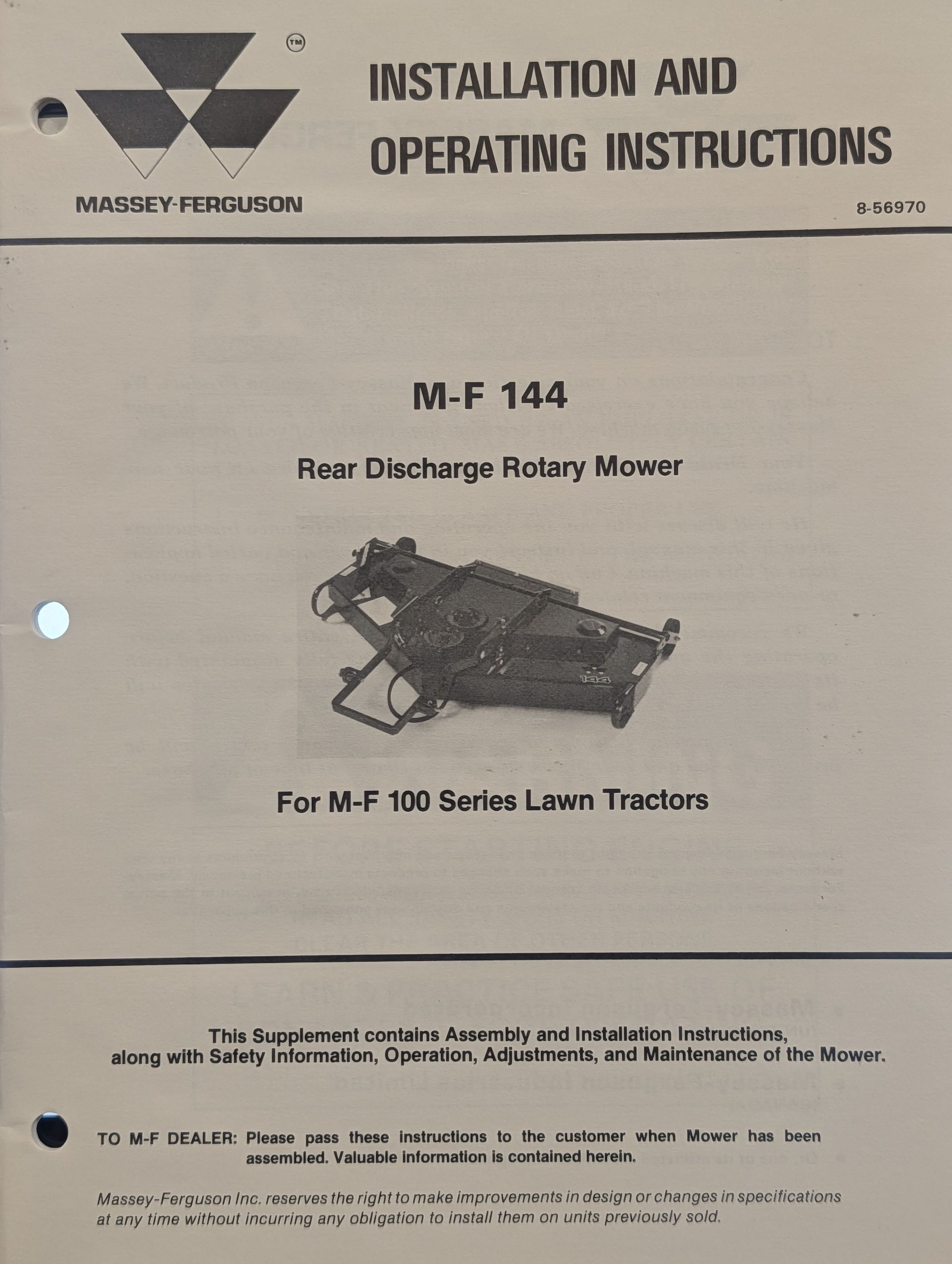 8-56970 OM MF MASSEY FERGUSON MF144 REAR DISCHARGE ROTARY MOWER