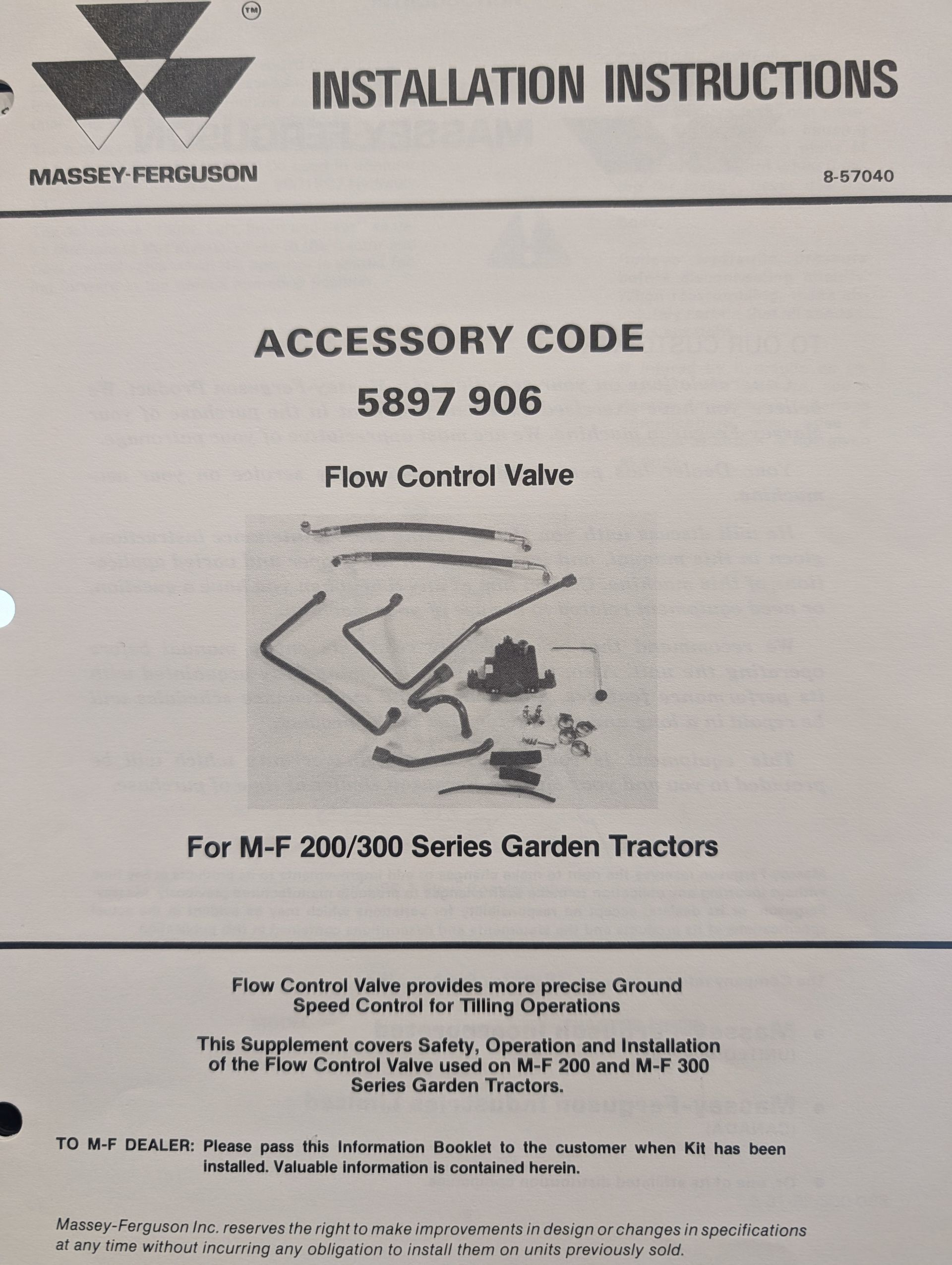 8-57040 OM MF MASSEY FERGUSON FLOW CONTROL VALVE 5897906