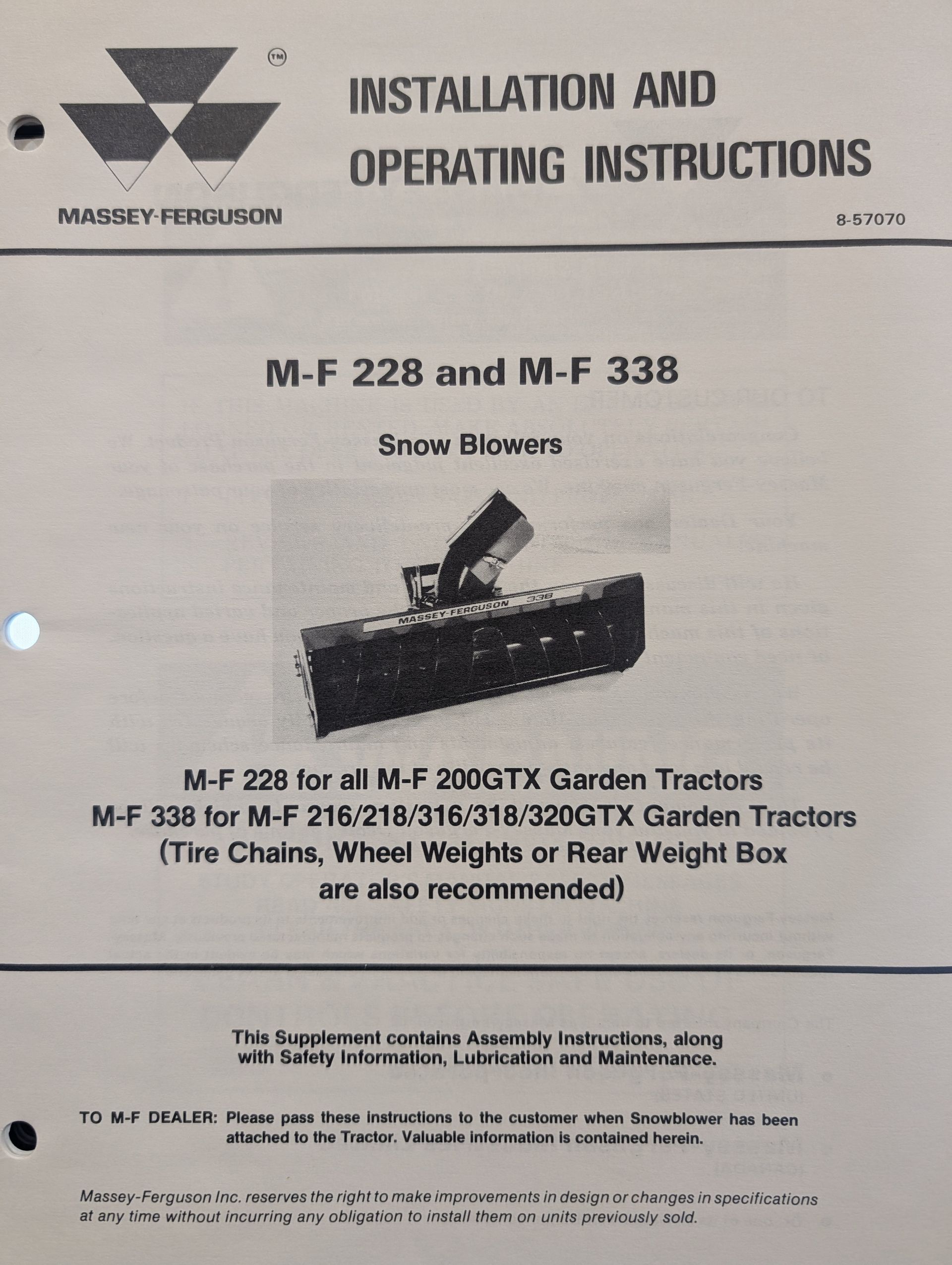 8-57070 OM MF MASSEY FERGUSON MF228 MF338 SNOW BLOWER