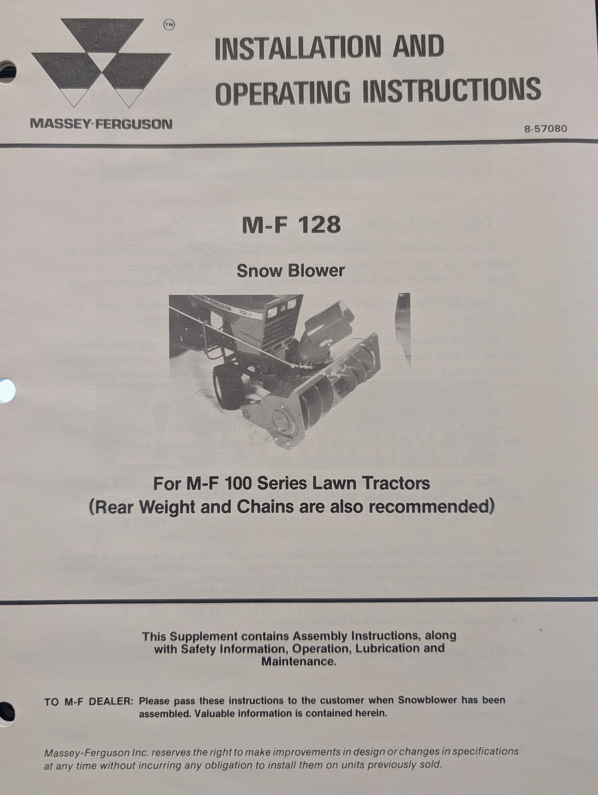 8-57080 OM MF MASSEY FERGUSON MF128 SNOW BLOWER