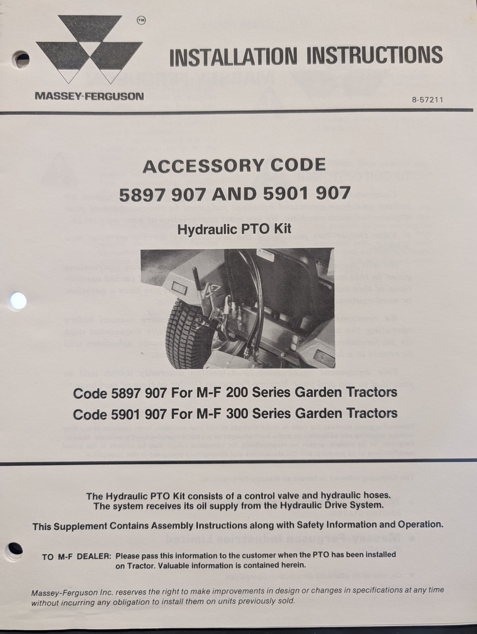 8-57211 OM MF MASSEY FERGUSON HYDRAULIC PTO KIT 5897907 5901907