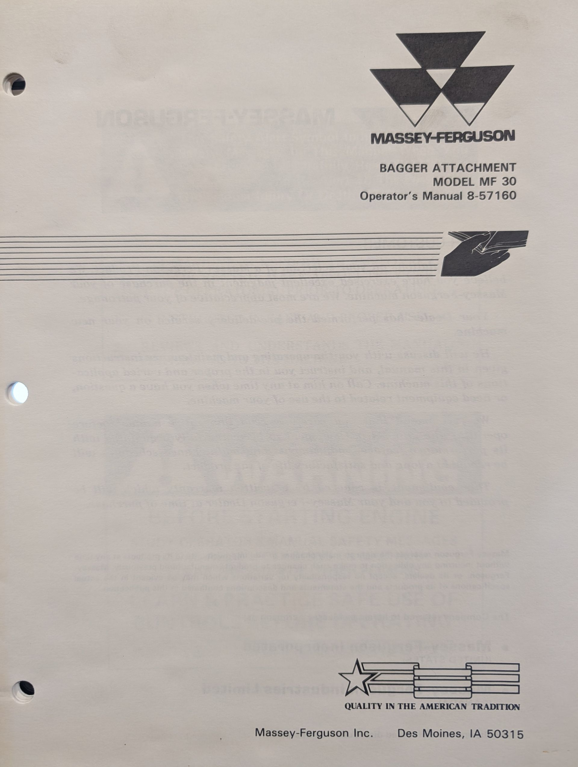 8-57160 OM MF MASSEY FERGUSON BAGGER ATTACHMENT MF30