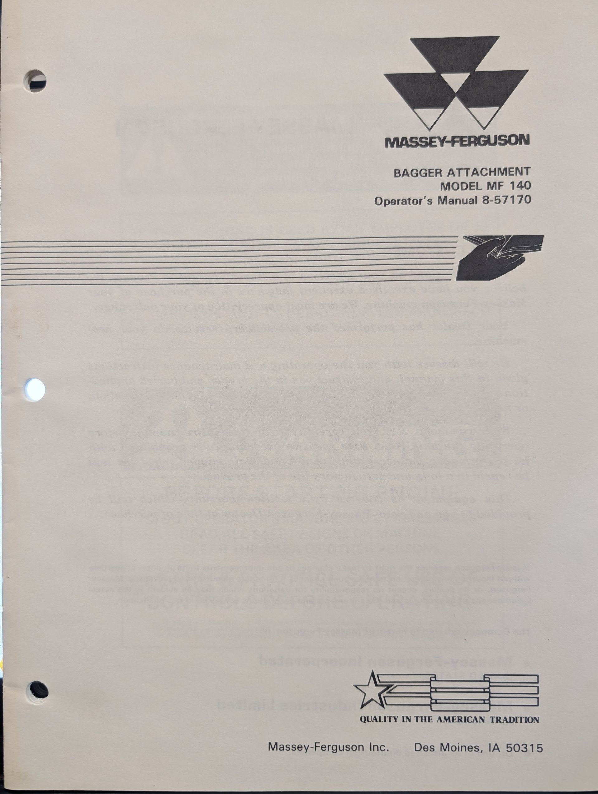 8-57170 OM MF MASSEY FERGUSON BAGGER ATTACHMENT MF140