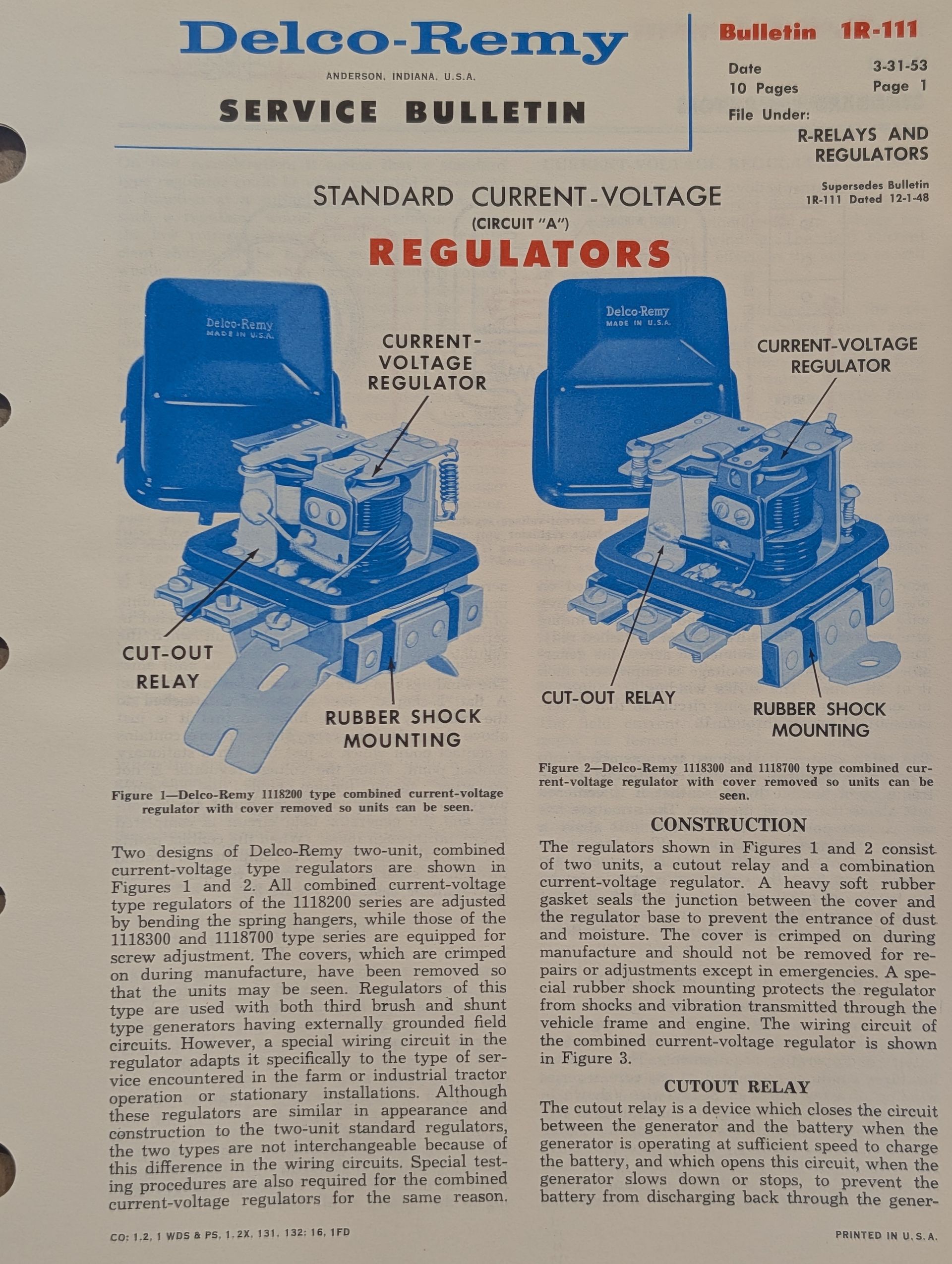1R-111 DELCO-REMY SERVICE BULLETIN REGULATORS (TEN PAGES)