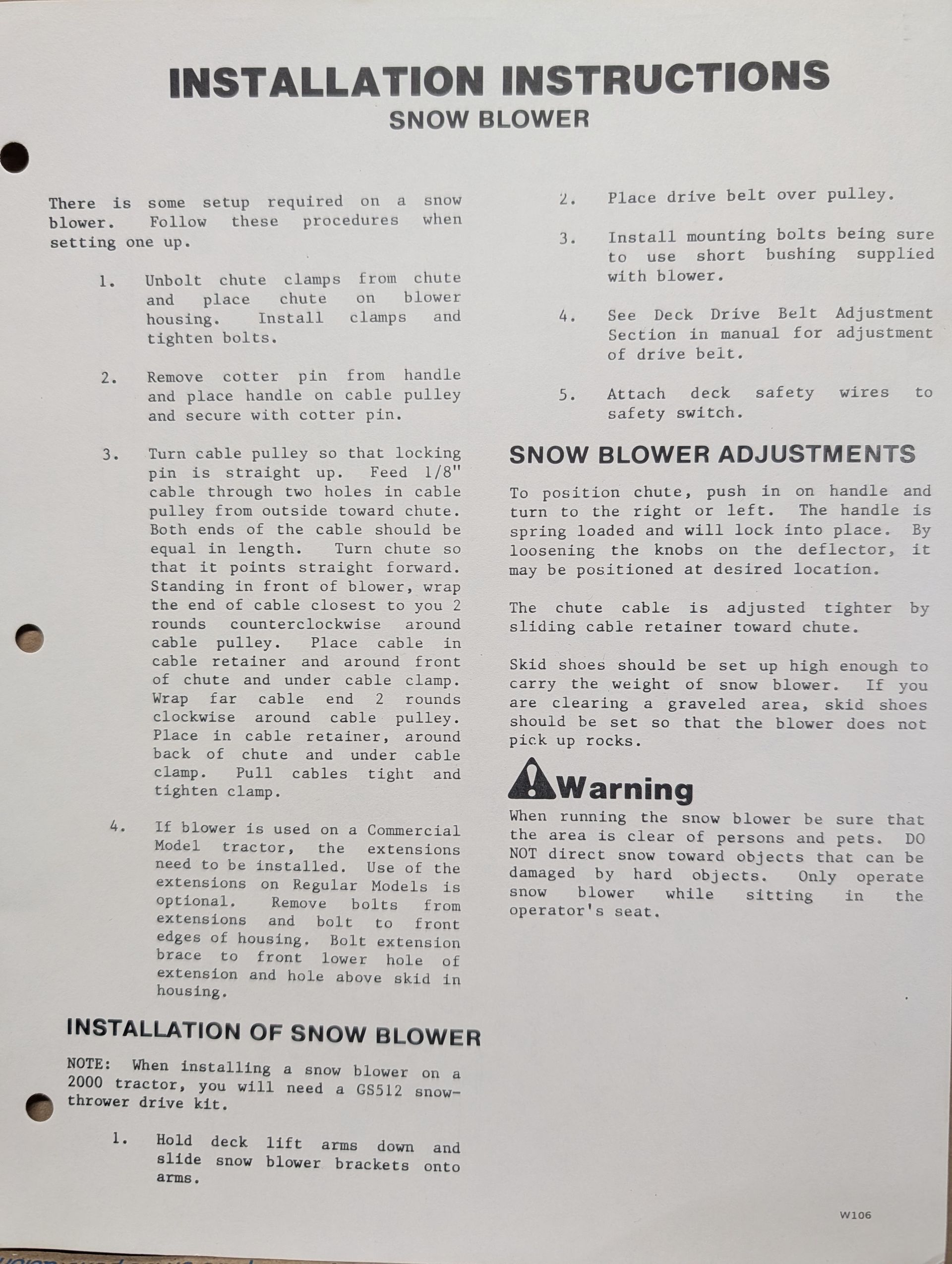 W106 GRAZER SNOW BLOWER INSTALLATION INSTRUCTIONS ZTR