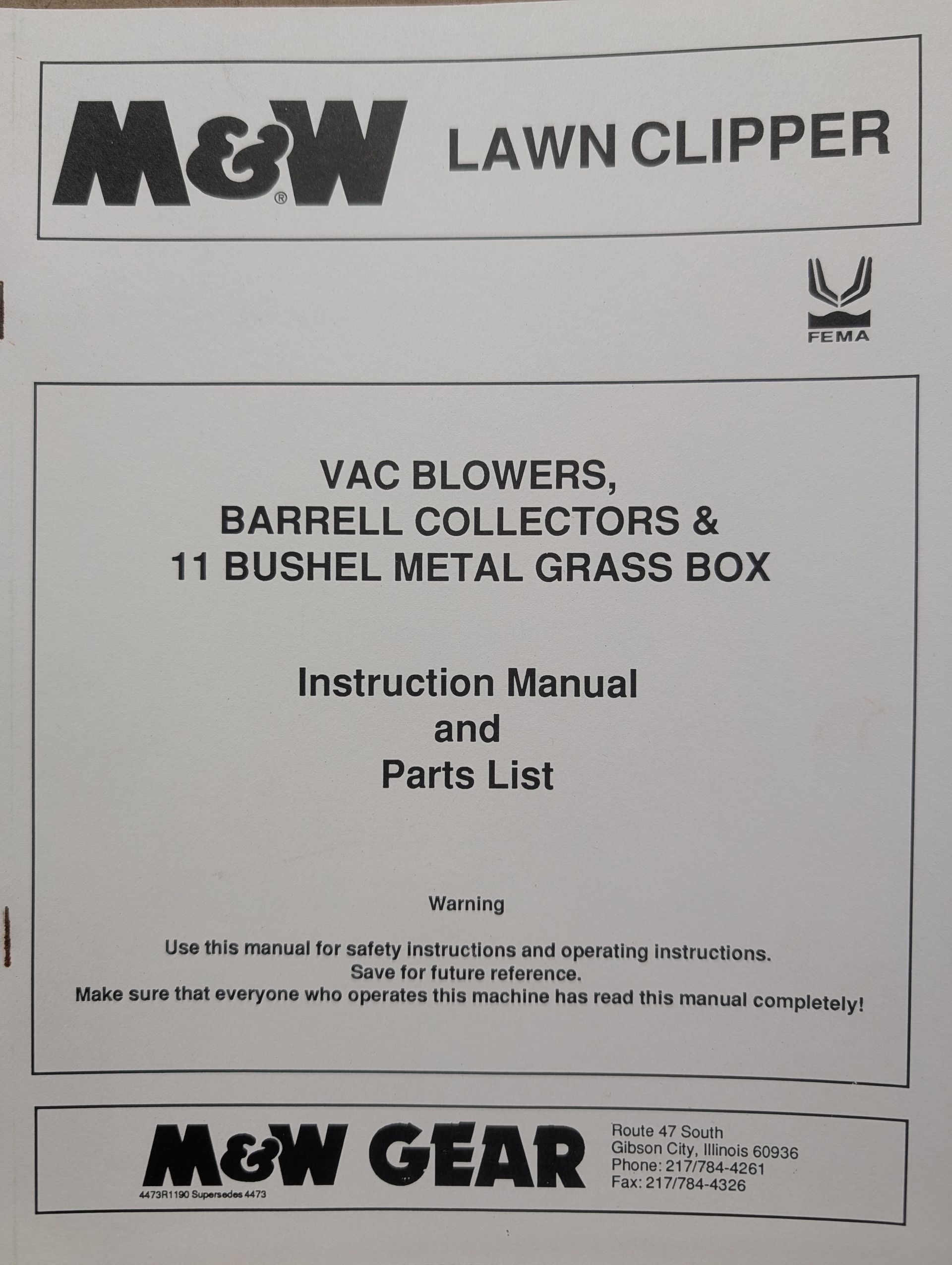 4473R1190 OM PC M&W VAC BLOWERS BARRELL GRASS BOX GVAC01 GVAC016 GVAC04 GVAC045 LCVAC03