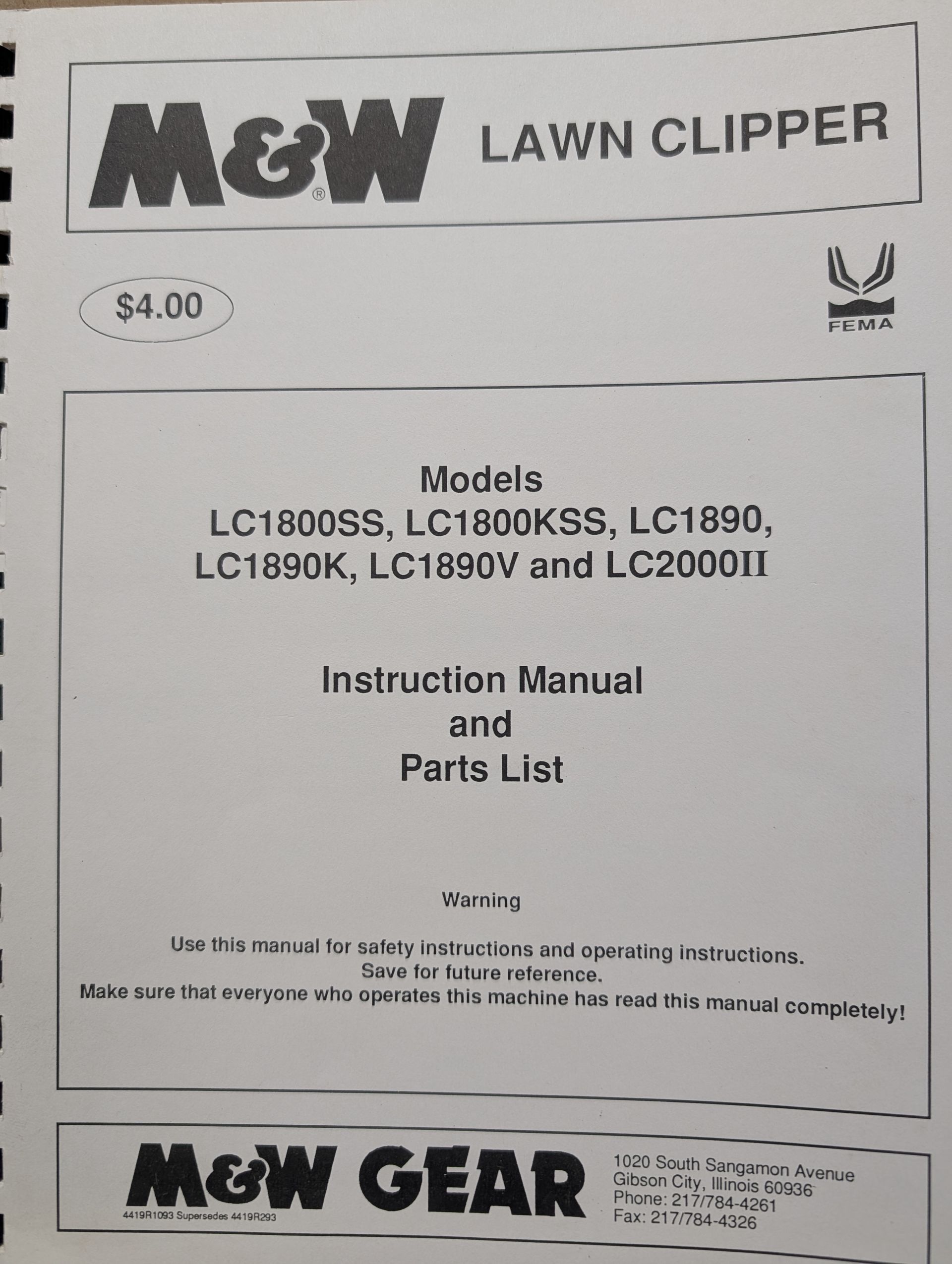 4419R1093 M&W OM PC LC1800SS LC1800LSS LC1890 LC1890K LC1890V LC2000II