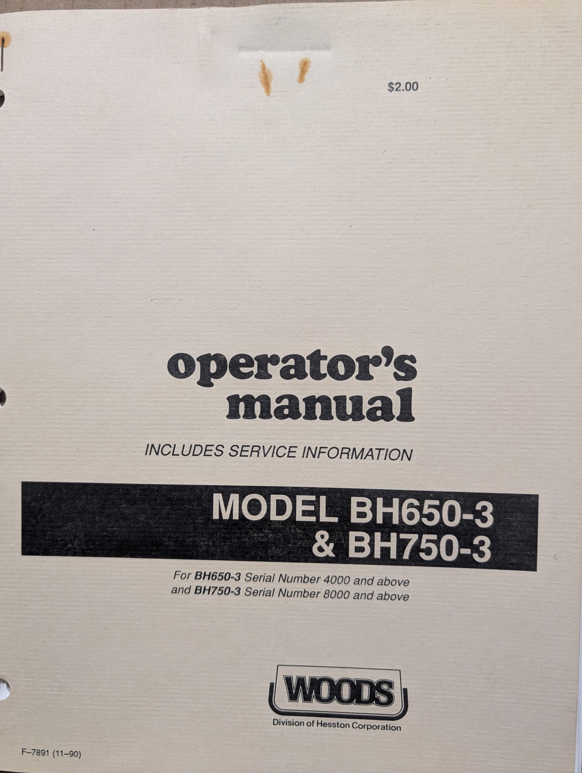 F-7891 WOODS OM PC BH650-3 BH750-3 BACKHOE