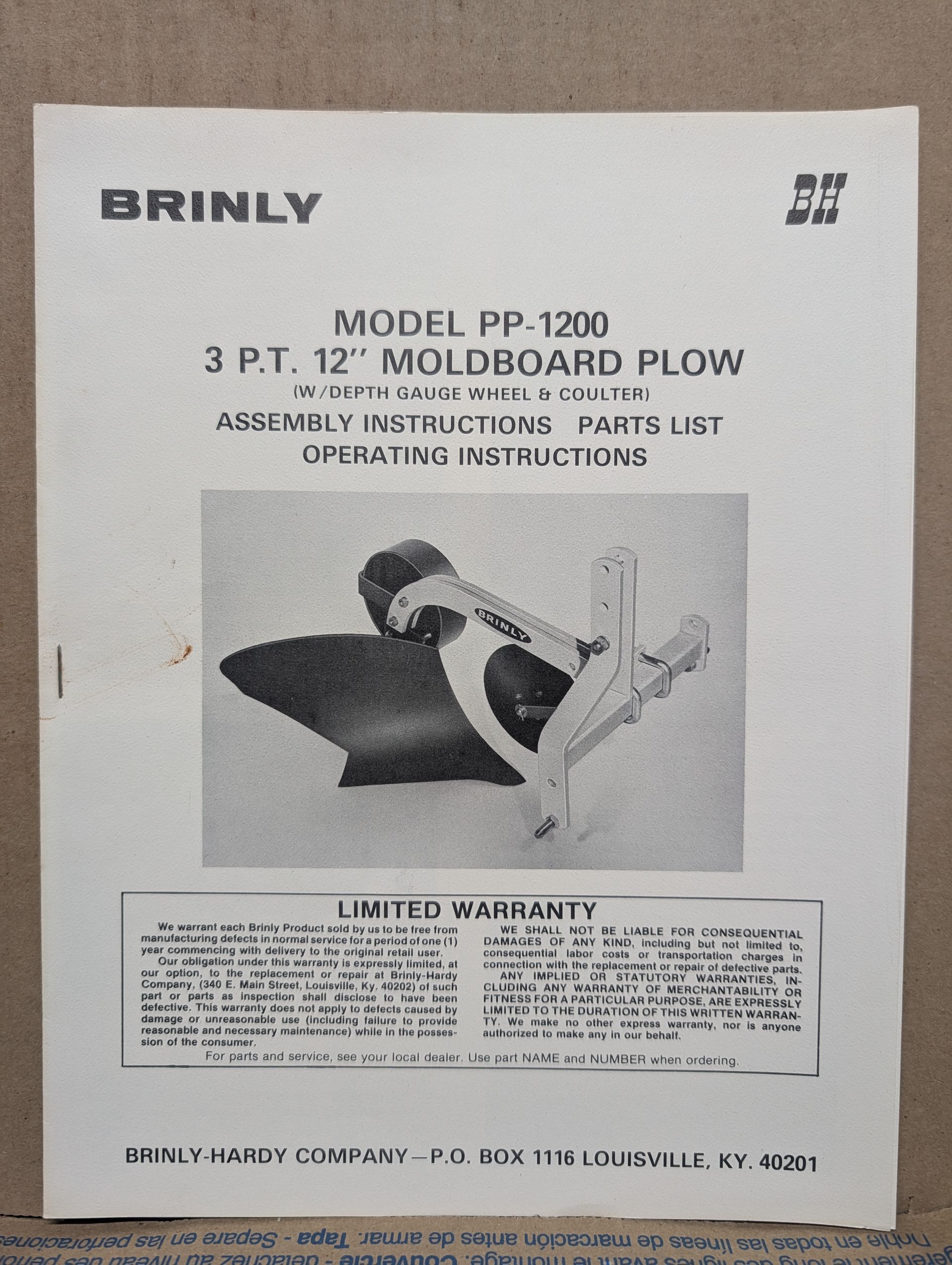 BRINLY MODEL PP-1200 OP MANUAL 3 PT 12" MOLDBOARD PLOW