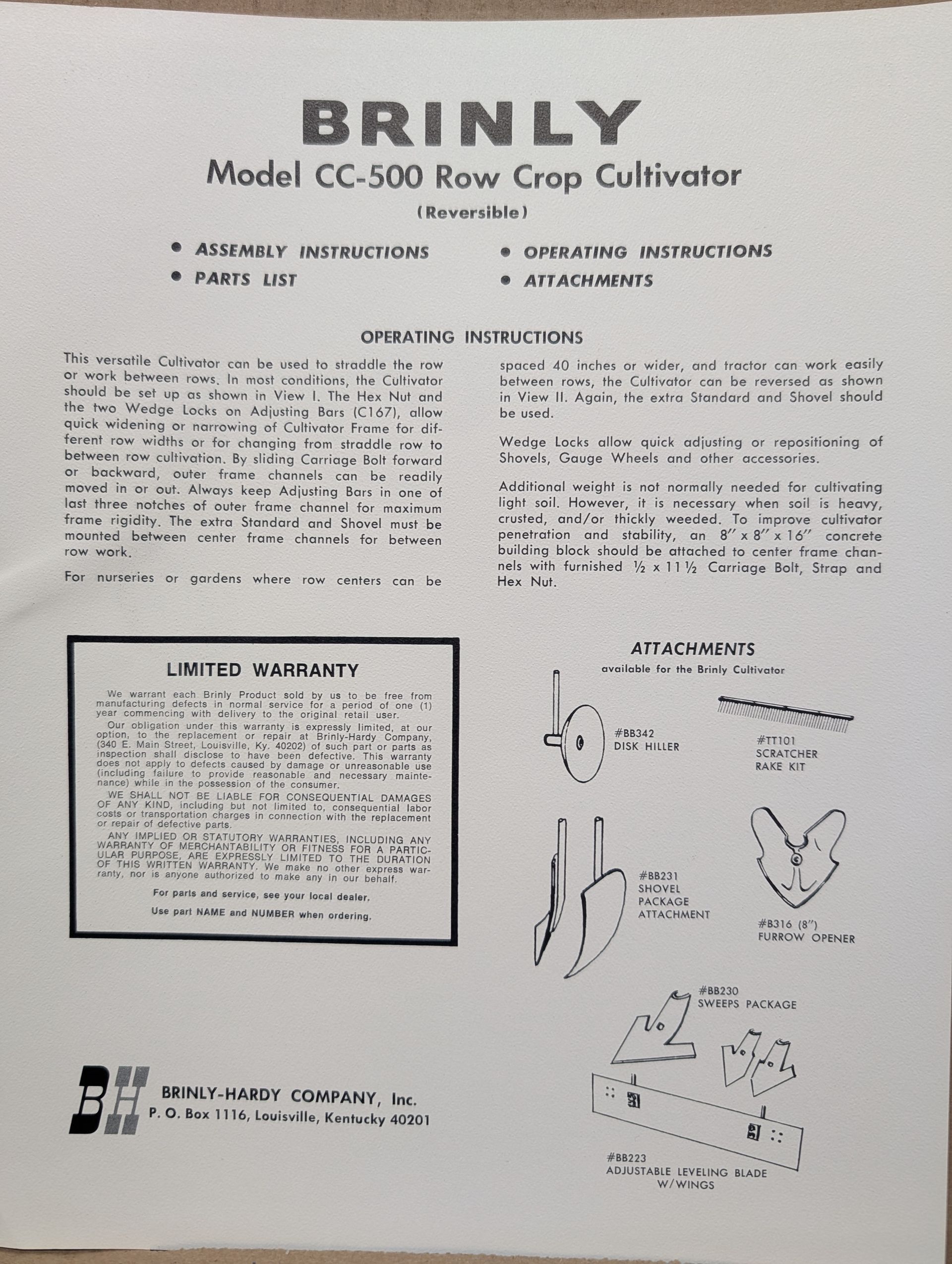 BRINLY MODEL CC-500 OM MANUAL ROW CROP CULTIVATOR