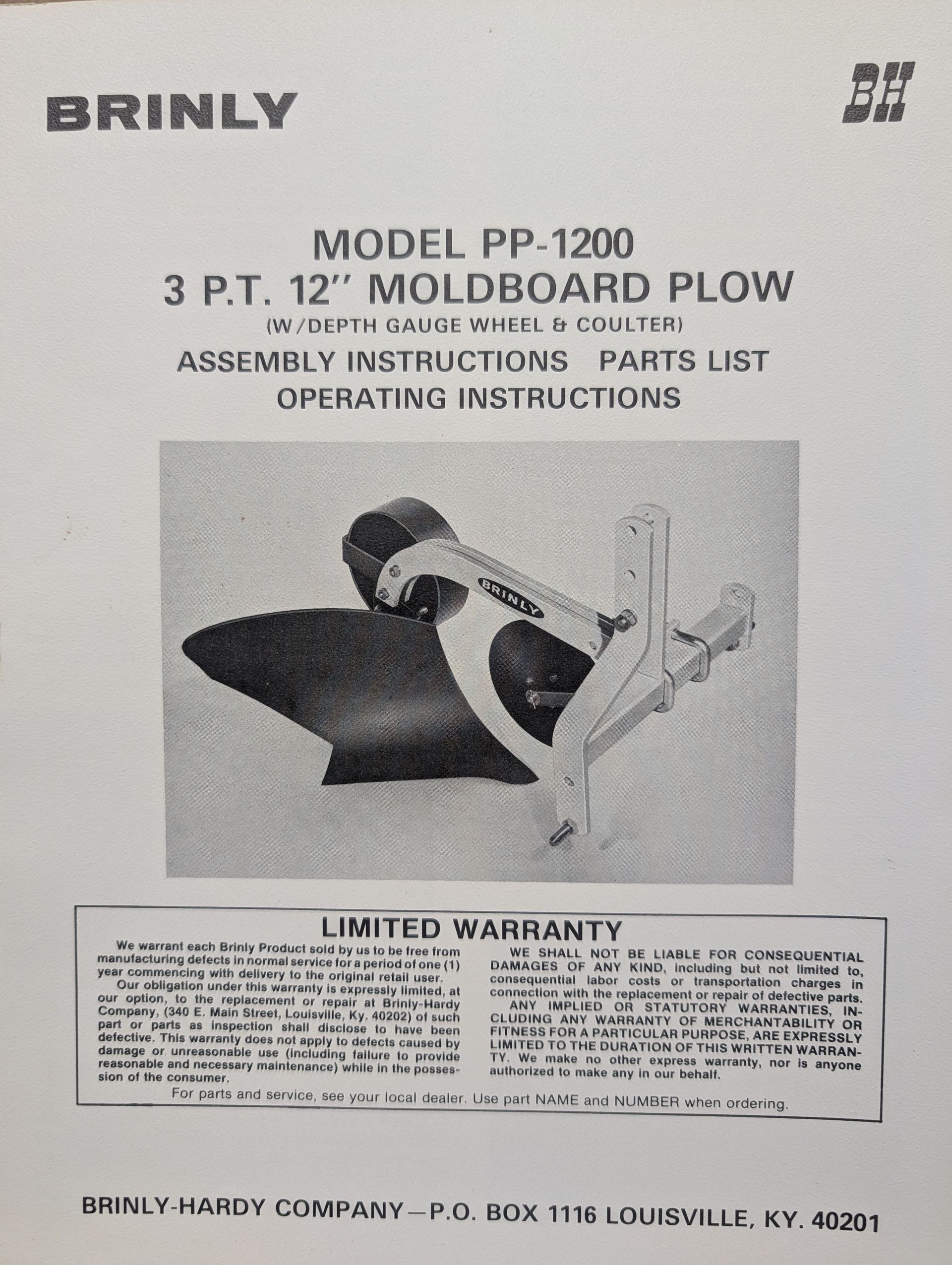 BRINLY PP-508 PP-510 PP-512 OP MANUAL MOLDBOARD PLOW