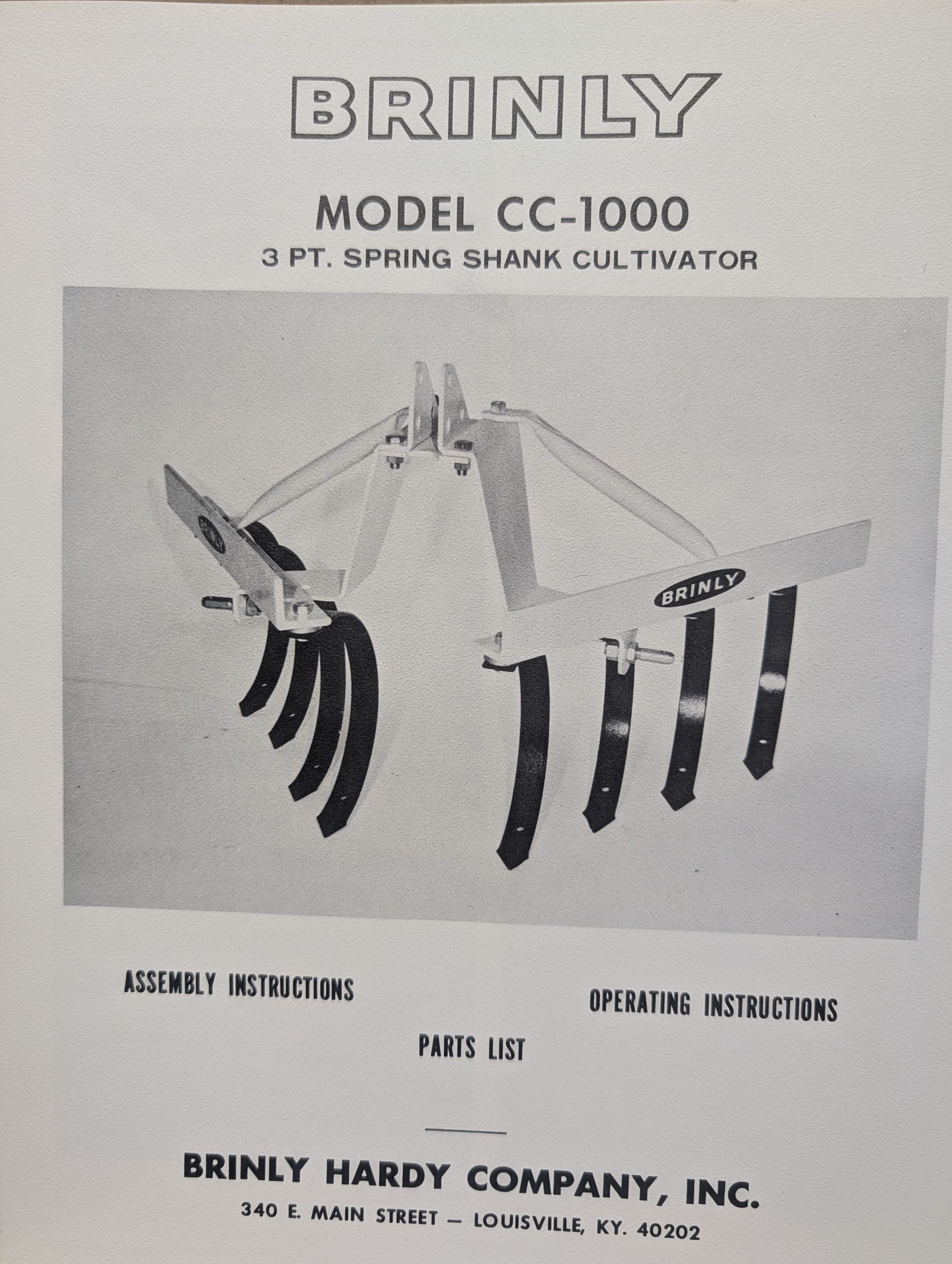 BRINLY CC-1000 OP MANUAL 3 PT SPRING SHANK CULTIVATOR