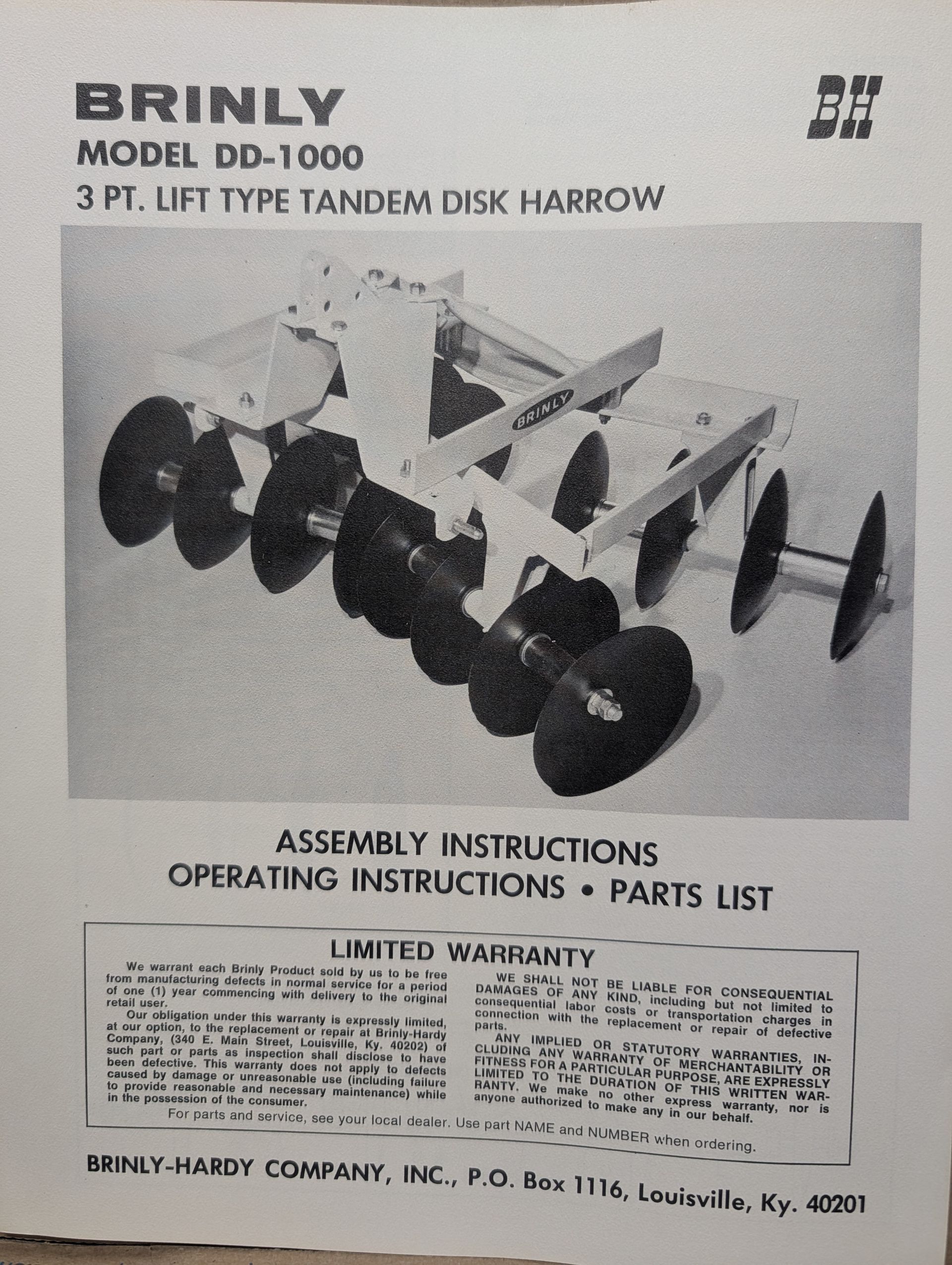 BRINLY DD-1000 OP MANUAL 3 PT LIFT TYPE TANDEM DISK HARROW
