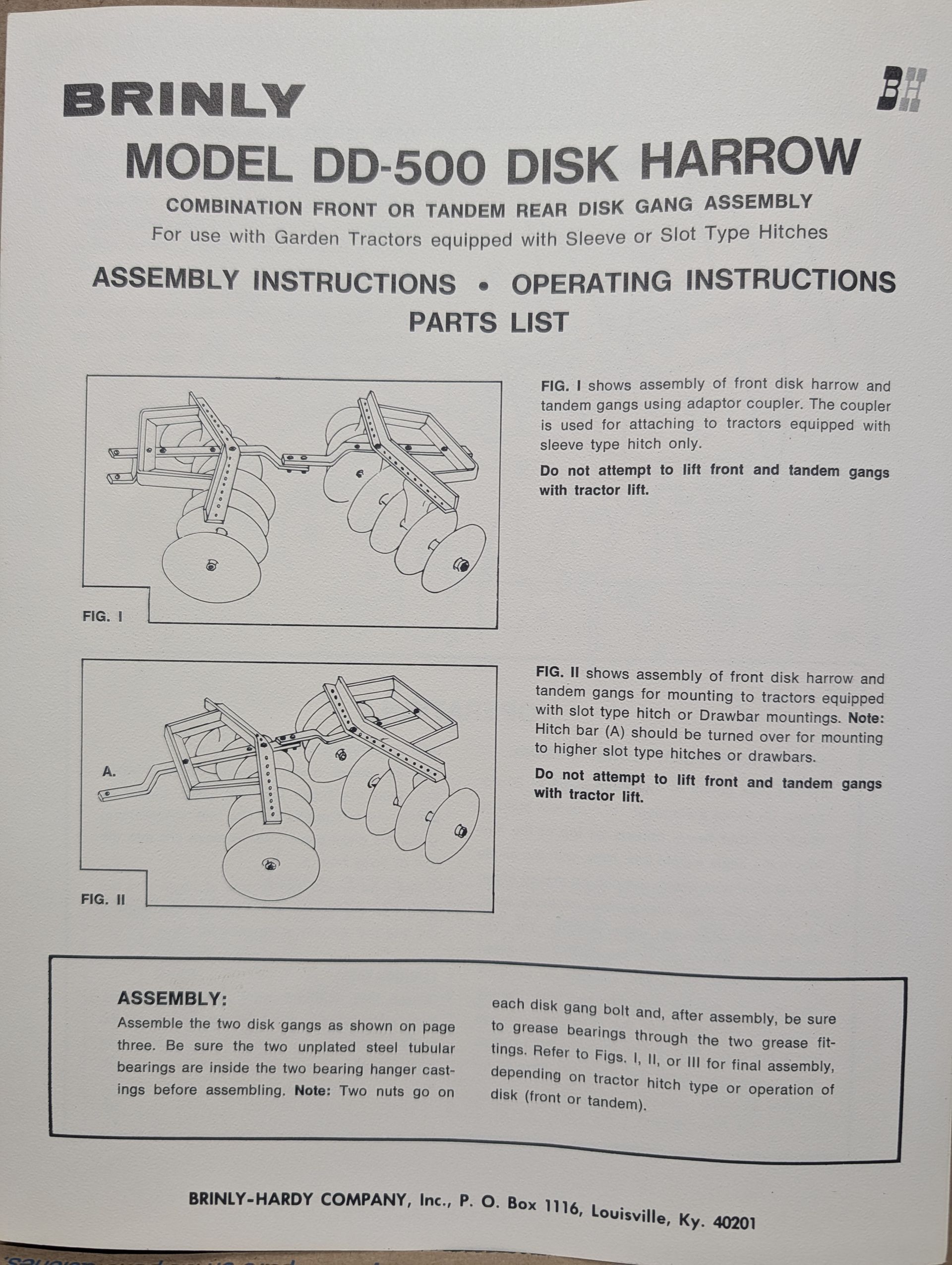 BRINLY DD-500 OP MANUAL DISK HARROW