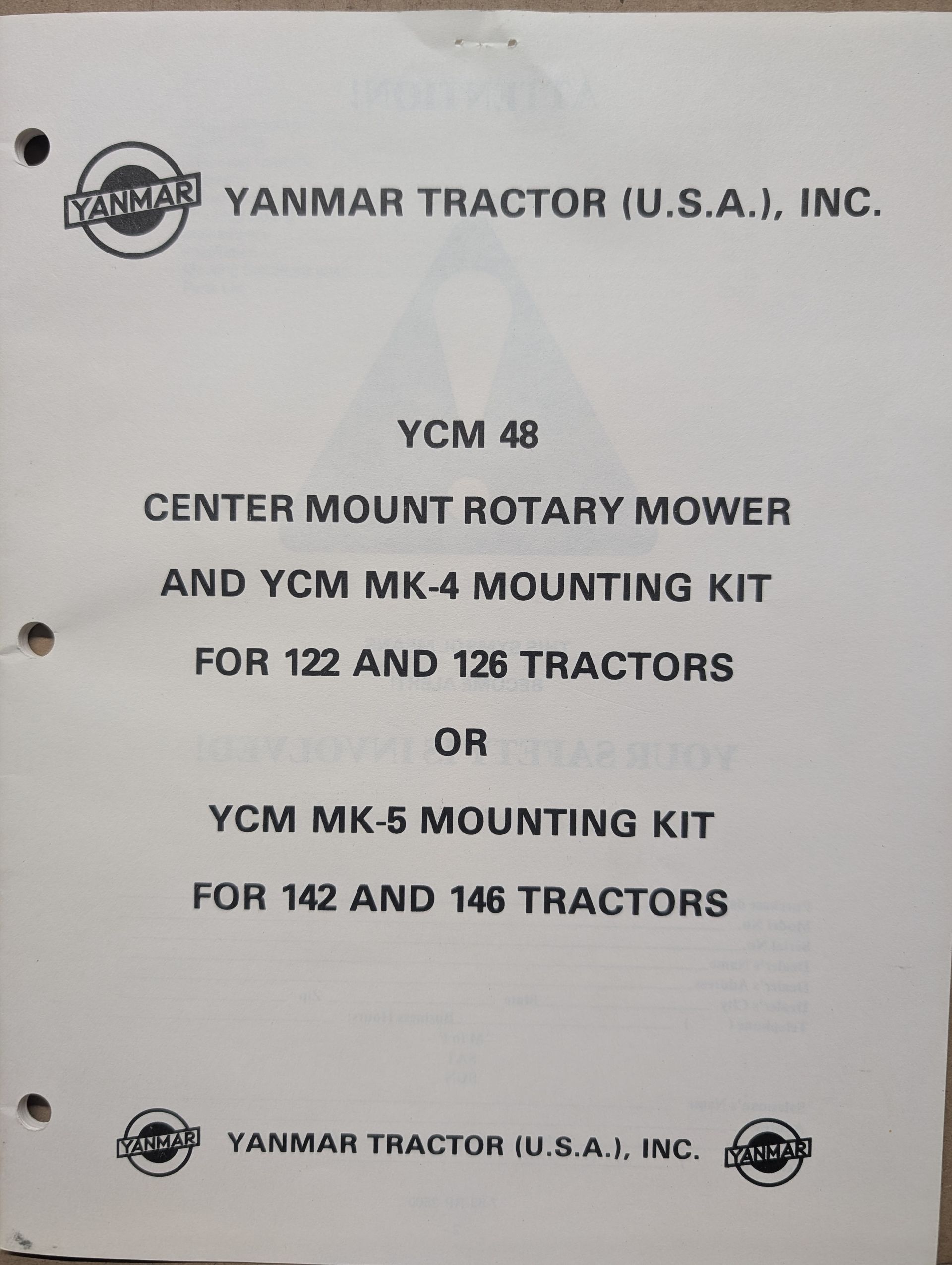 880-23017-783001 OM PC YANMAR YCM48 MOWER MK-4 MK-5 MOUNTING KIT 122 126 142 146 TRACTOR