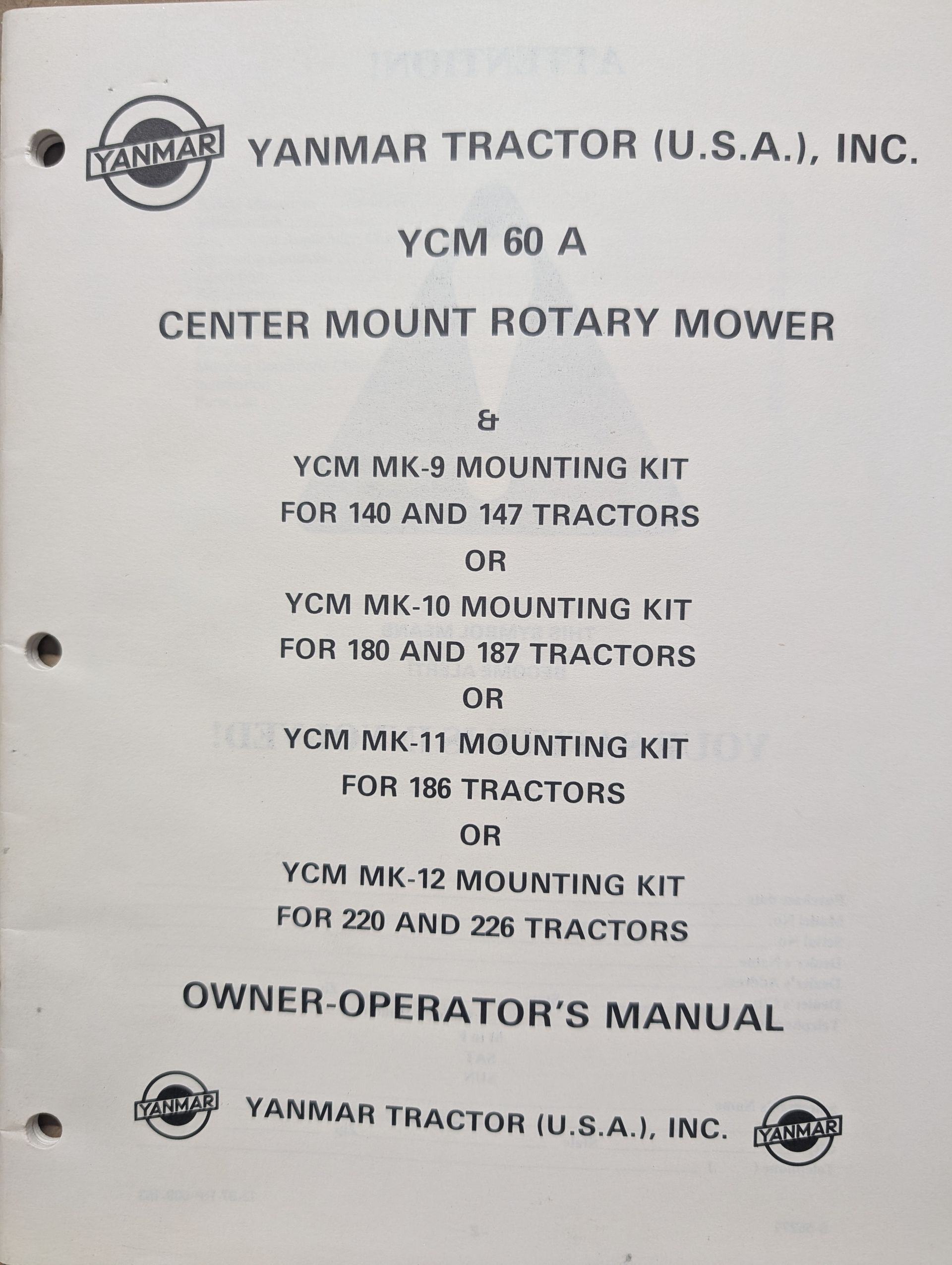 880-23033-1084001 OM PC YANMAR YCM60A MOWER MK-9 MK-10 MK-11 MK-12 140 147 180 187 186 220 226 TRACTOR
