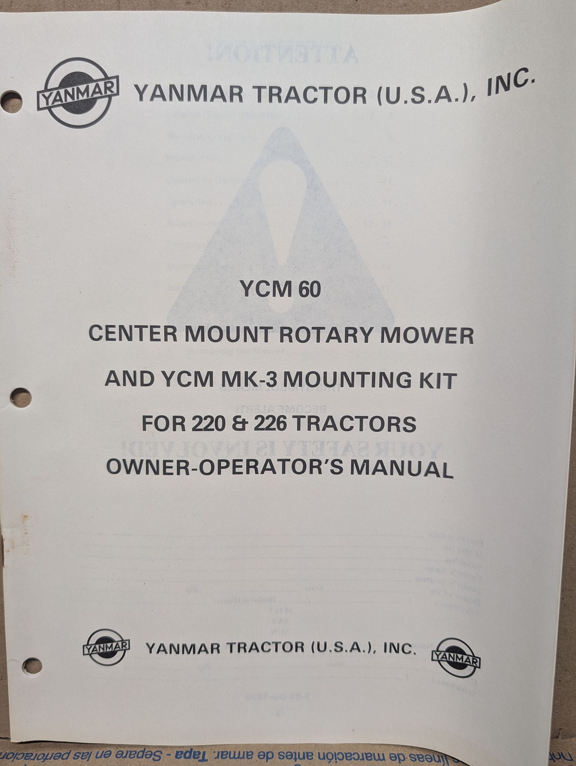 880-23011-383001 OM PC YANMAR YCM60 MOWER MK3 MOUNTING KIT 220 226 TRACTOR