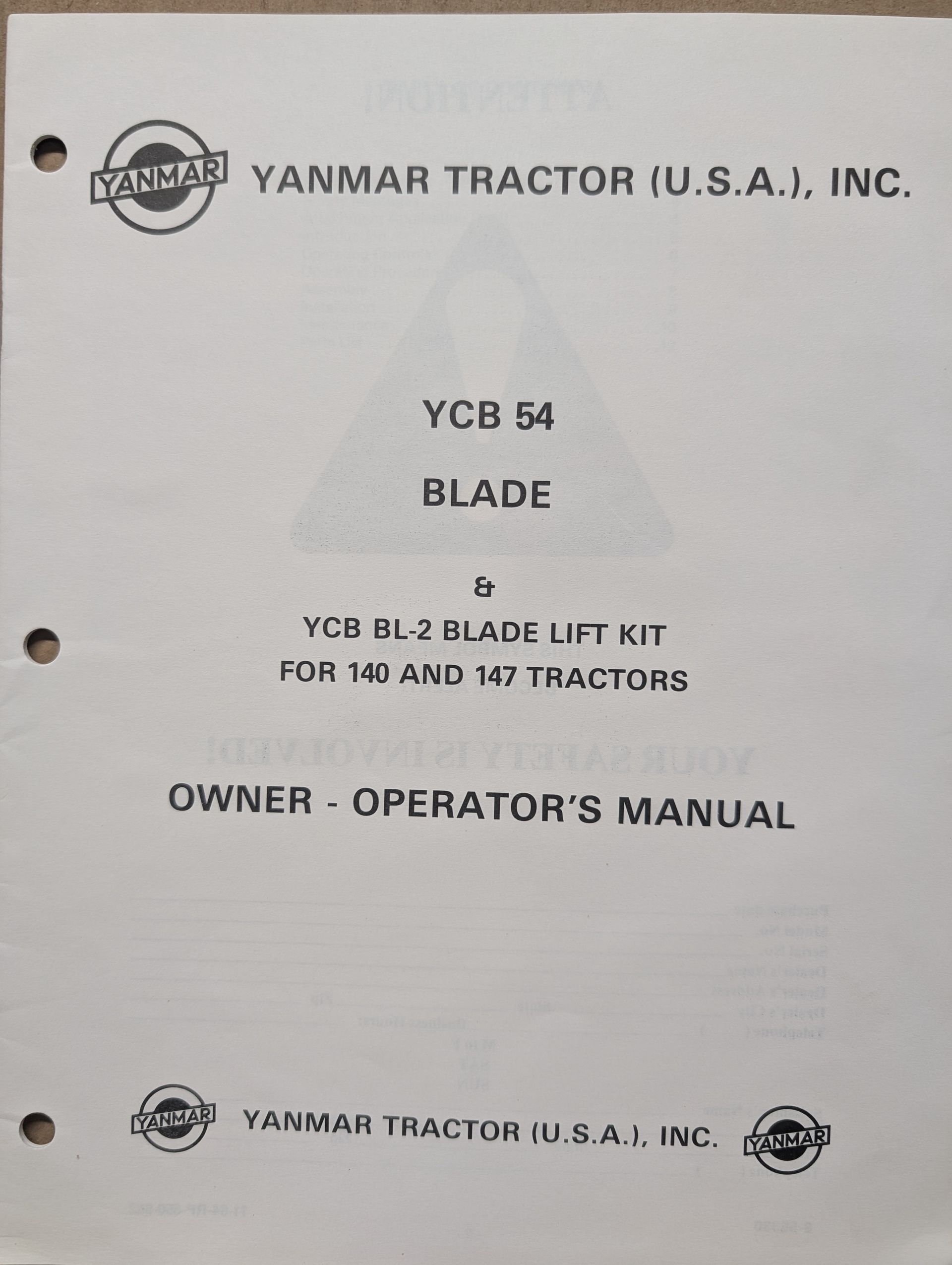 880-23031-1084001 YANMAR OM PC YCB54 BLADE BL-2 LIFT KIT 140 147 TRACTOR