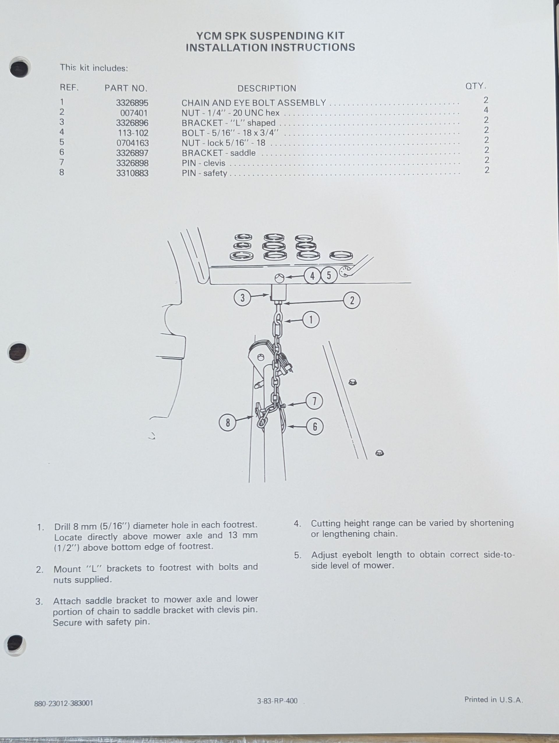 880-23012-383001 YANMAR YCM SPK SUSPENDING KIT INSTAL INSTRUCTIONS