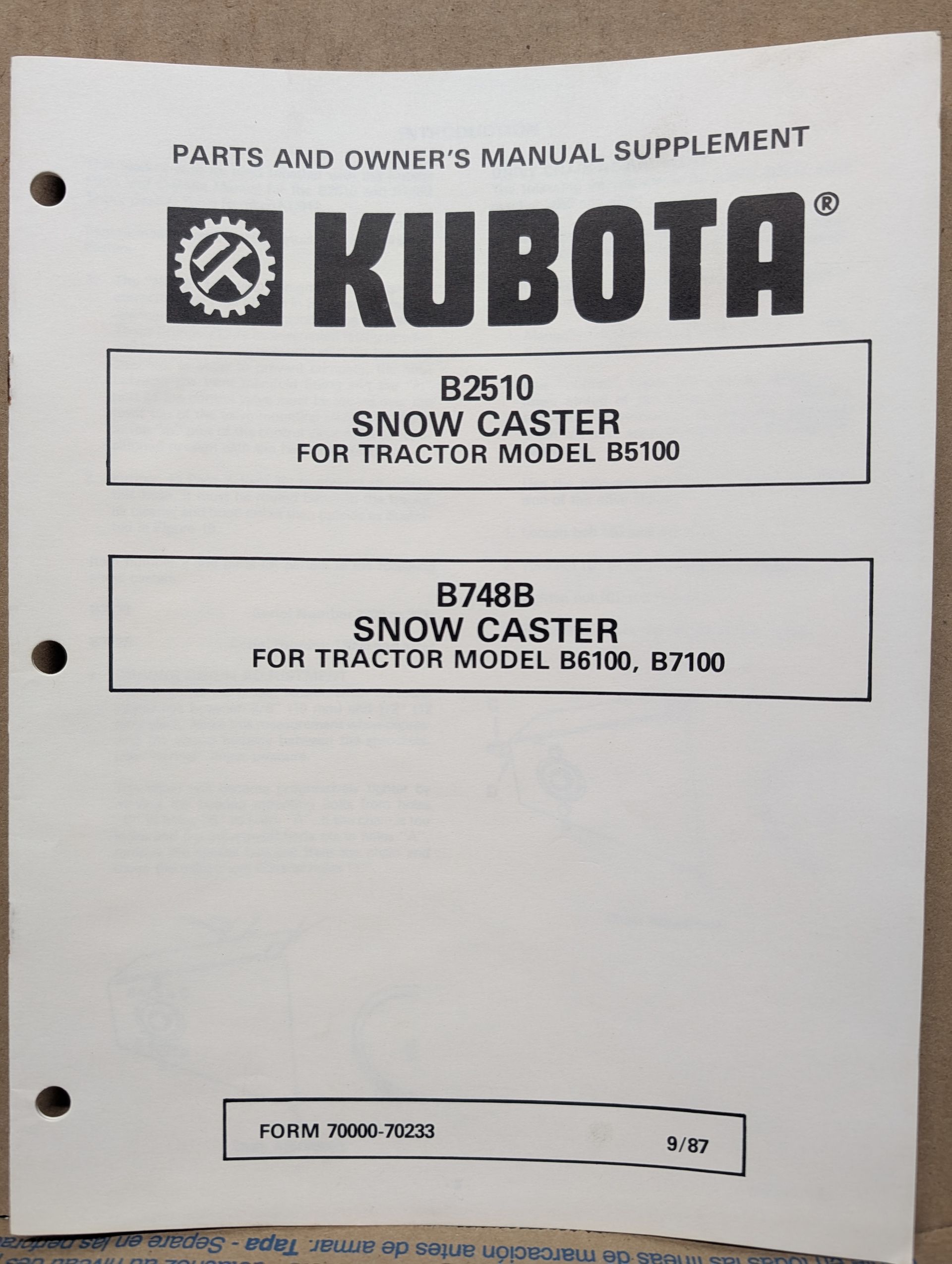 70000-70233 OM PC KUBOTA B2510 B748B SNOW CASTER B5100 B6100 B7100 TRACTOR