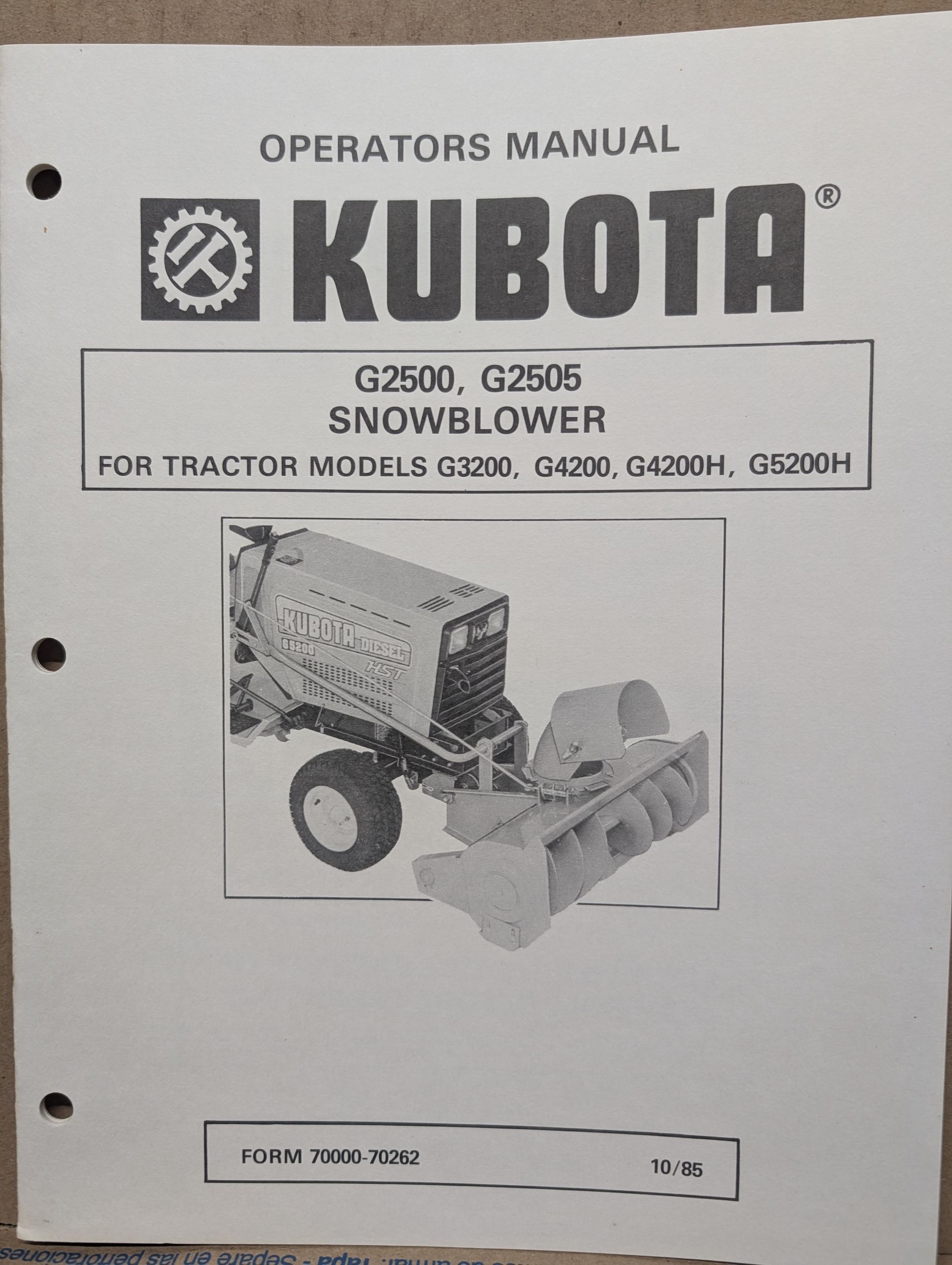 70000-70262 OM PC KUBOTA G2500 G2505 SNOWBLOWER G3200 G4200 G4200H G5200H TRACTOR