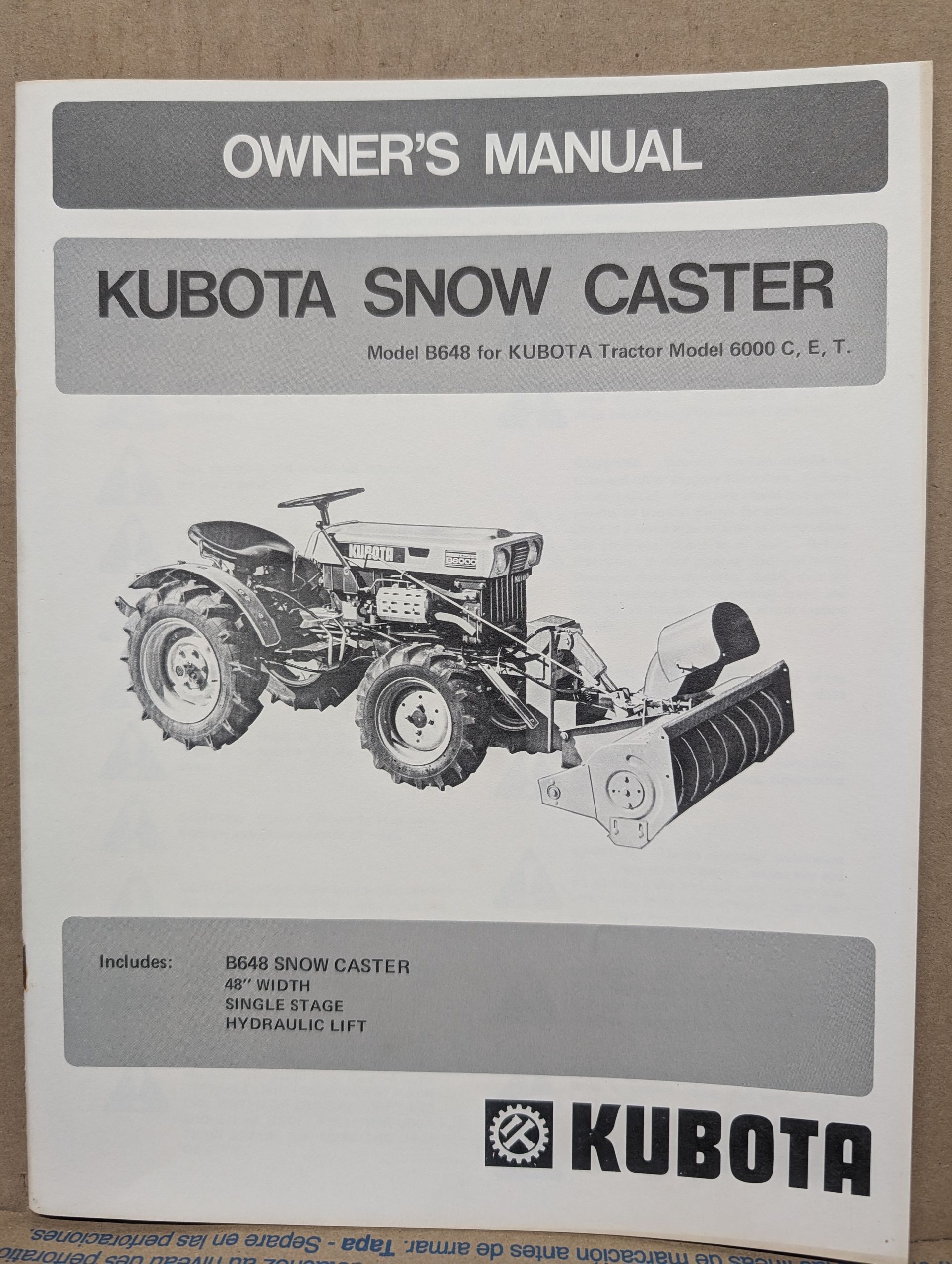 B648 KUBOTA SNOW CASTER OM PC 6000 C E T TRACTOR