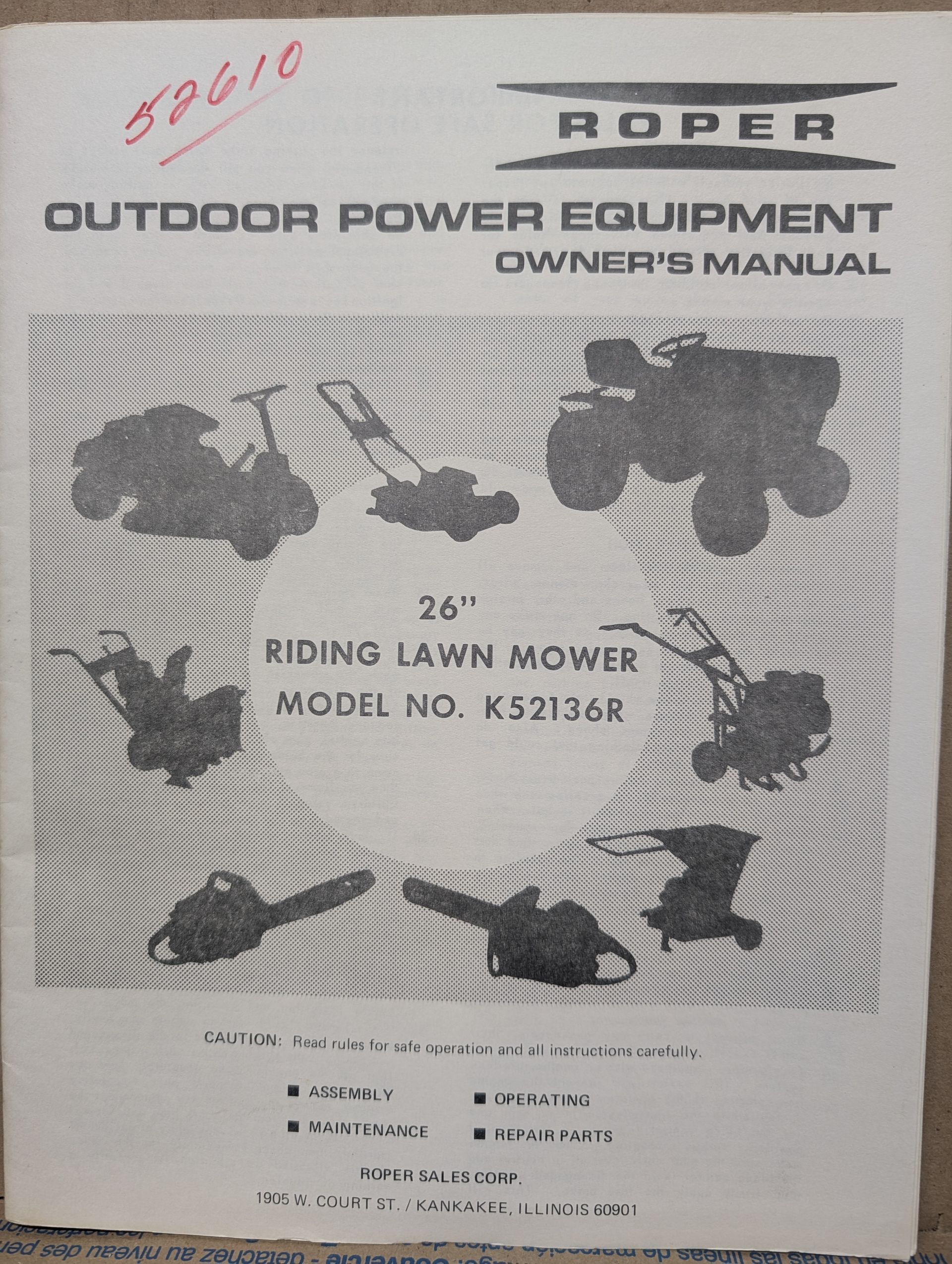 K52136R ROPER OM PC 26" RIDING LAWN MOWER 5 HP