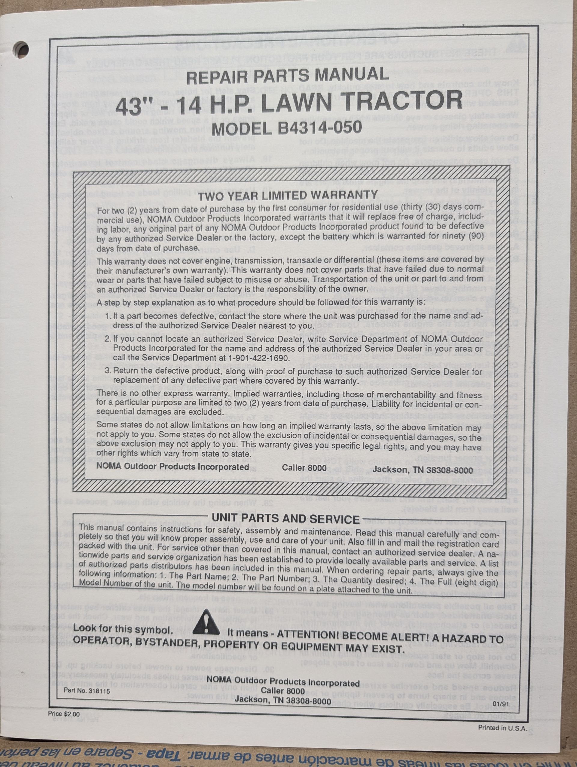 318115 NOMA B4314-050 PC 43" 14 HP LAWN TRACTOR