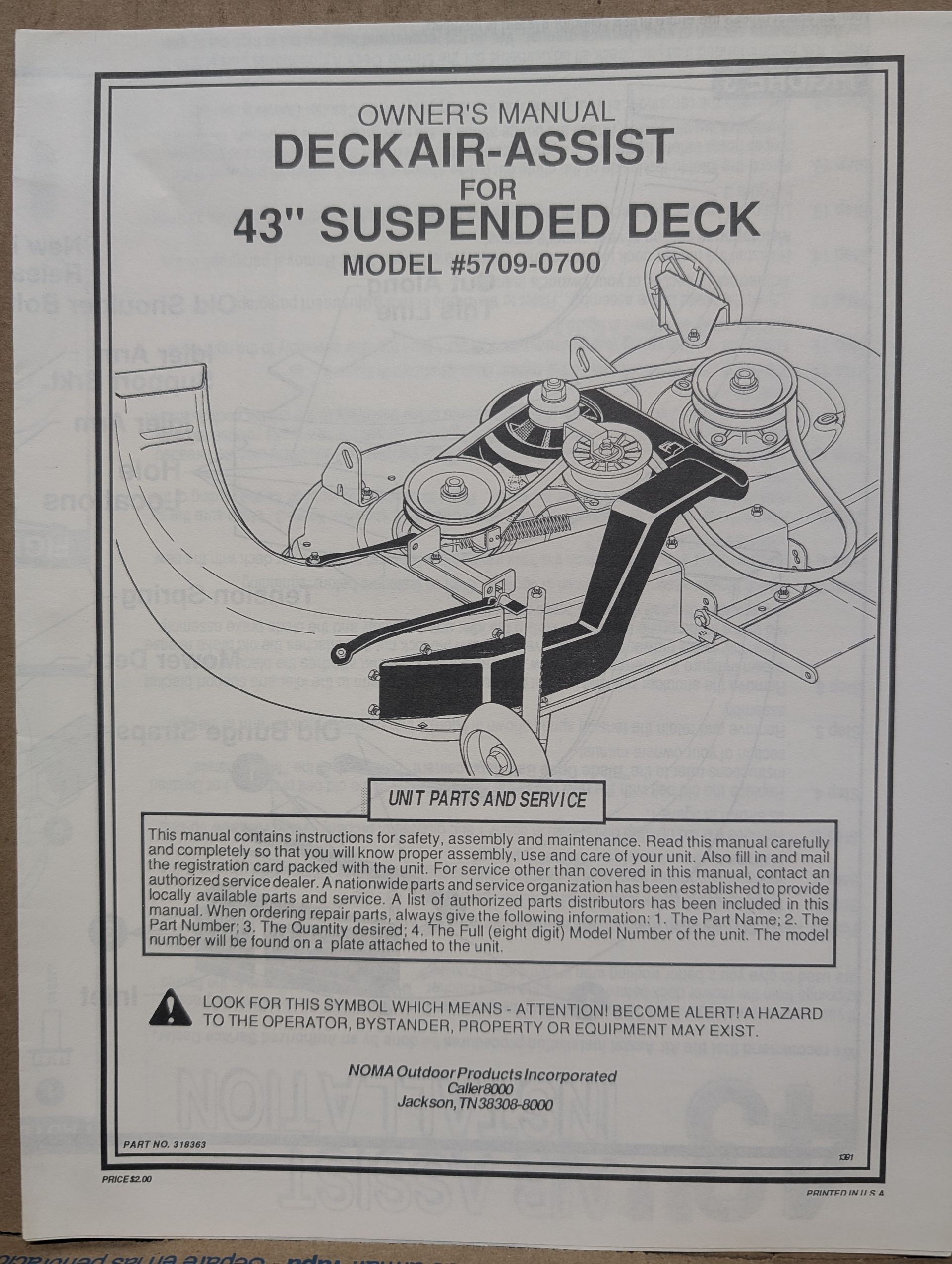 318363 OM NOMA DECK AIR ASSIST 43" SUSPENDED DECK 5709-0700