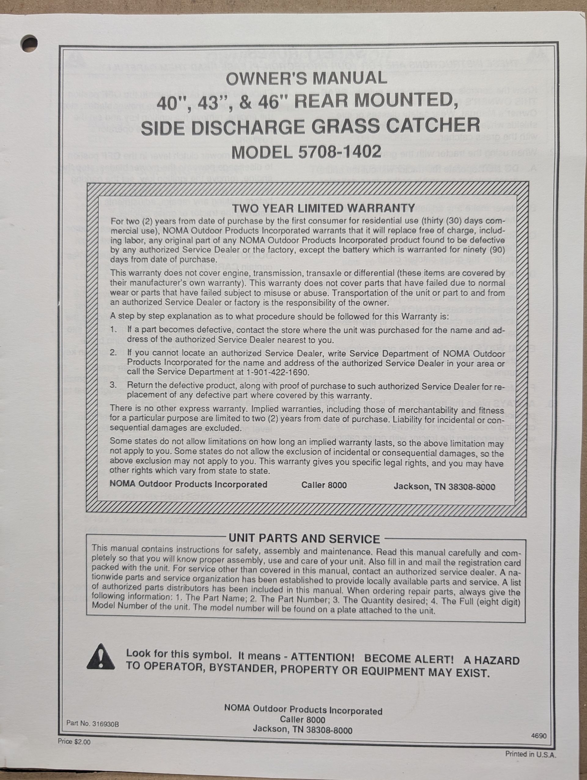 316930B OM NOMA 40" 43" 46" REAR MOUNTED SIDE DISCHARGE GRASS CATCHER 5708-1402