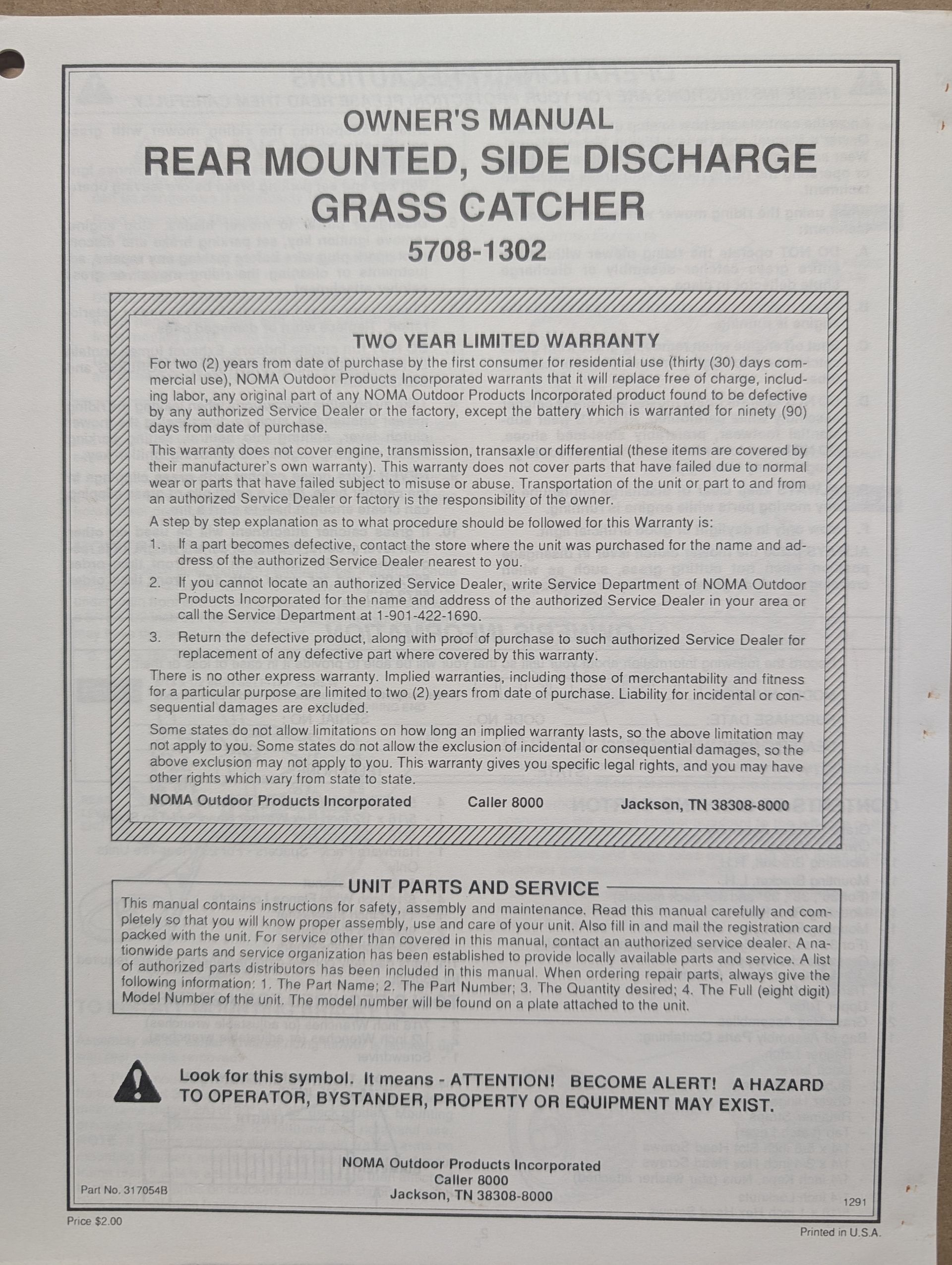 317054B OM NOMA REAR MOUNTED SIDE DISCHARGE GRASS CATCHER 5708-1302