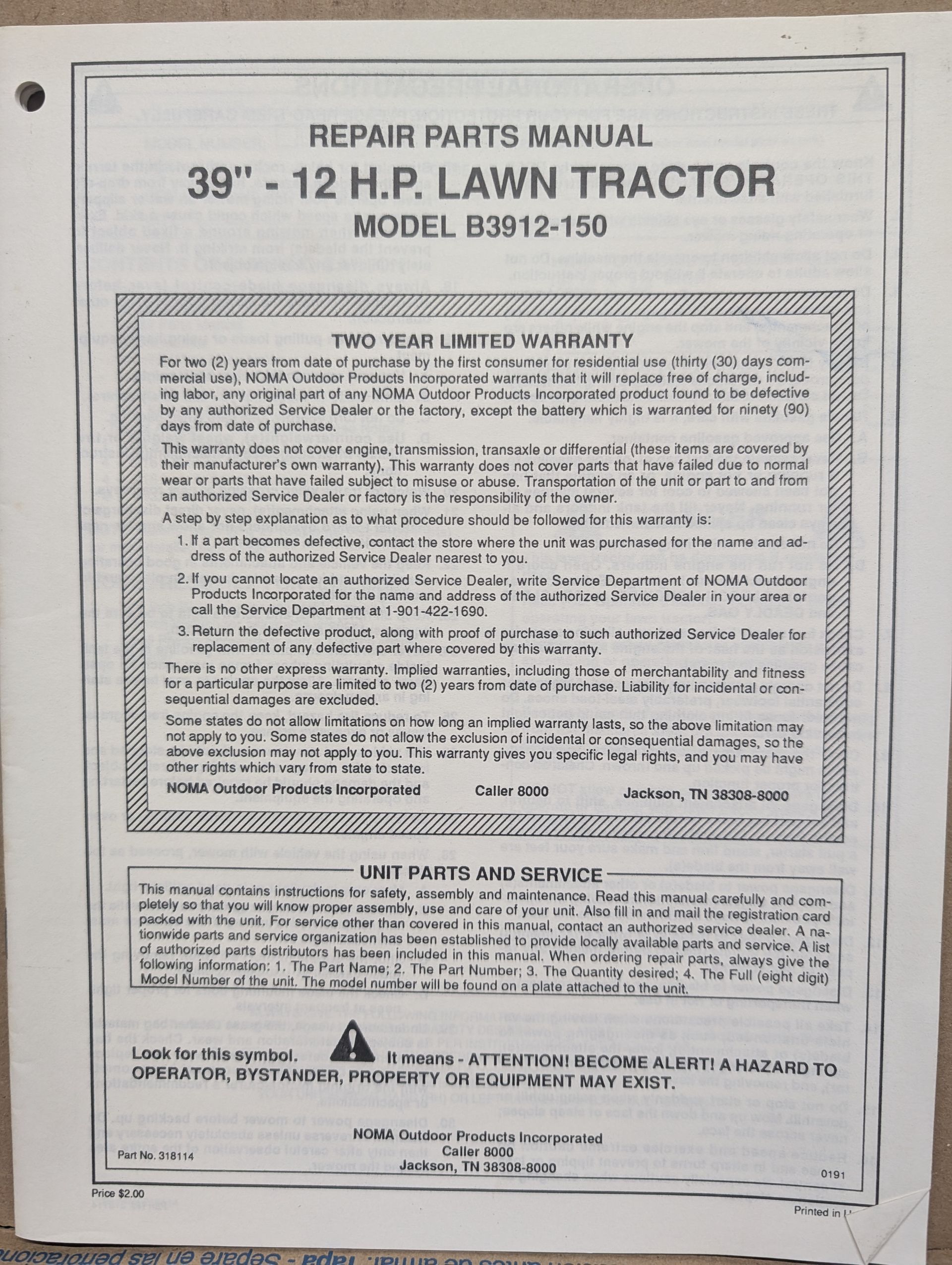 318114 OM NOMA 39" 12 HP LAWN TRACTOR B3912-150