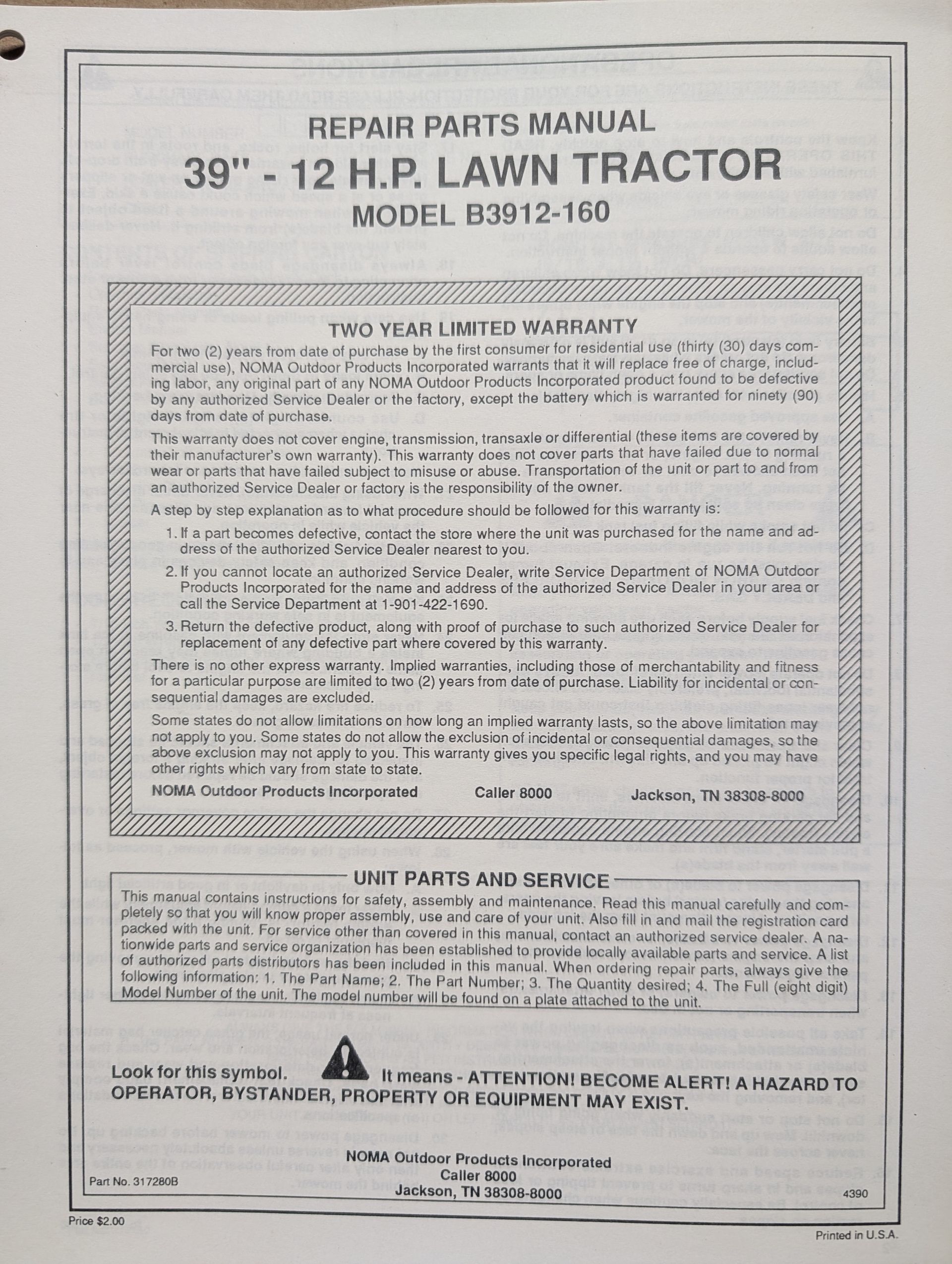 317280B OM NOMA 39" 12 HP LAWN TRACTOR B3912-160