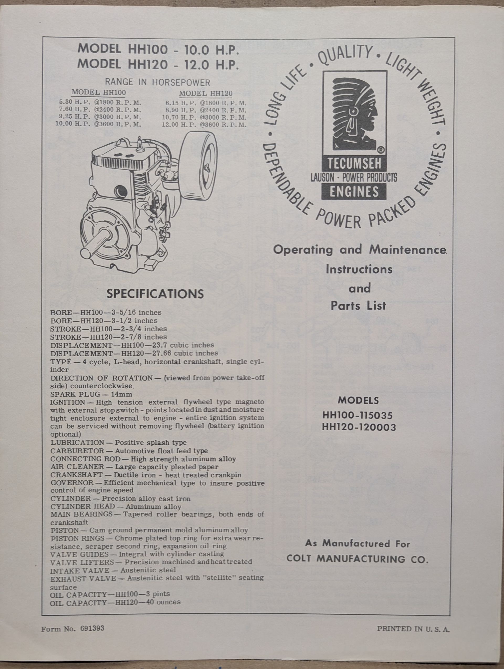 691393 OM PC TECUMSEH HH100-115035 HH120-120003 FOR COLT TRACTORS