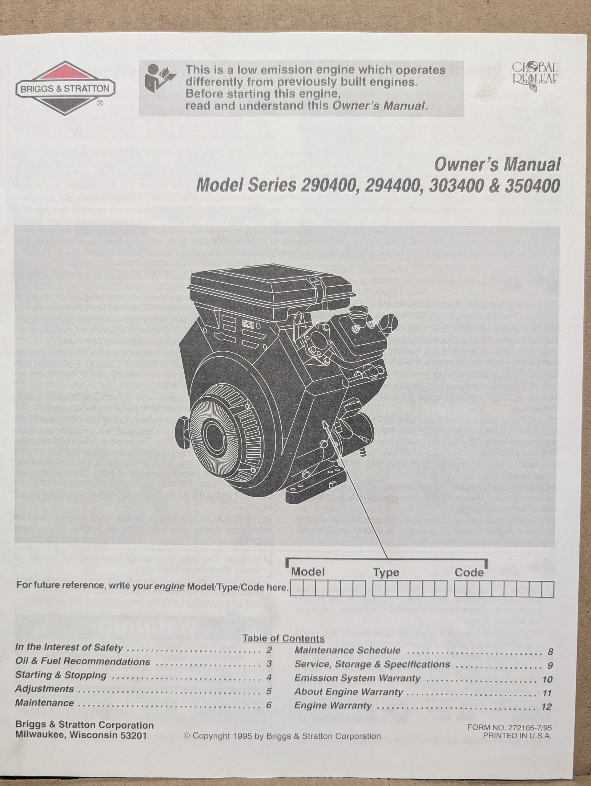272105-7/95 BRIGGS OM 290400 294400 303400 350400