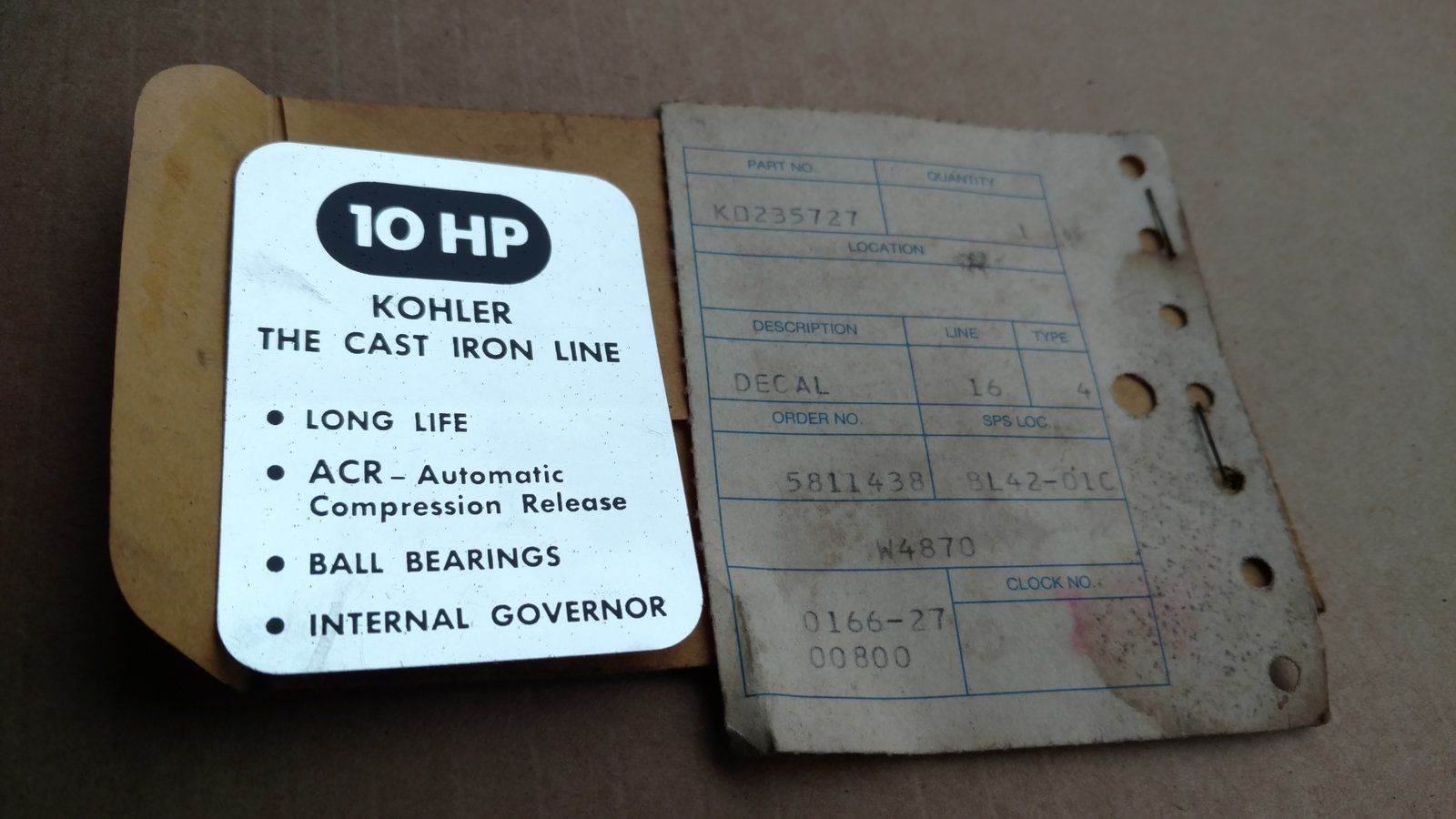 KO235727 KOHLER 10HP ENGINE DECAL