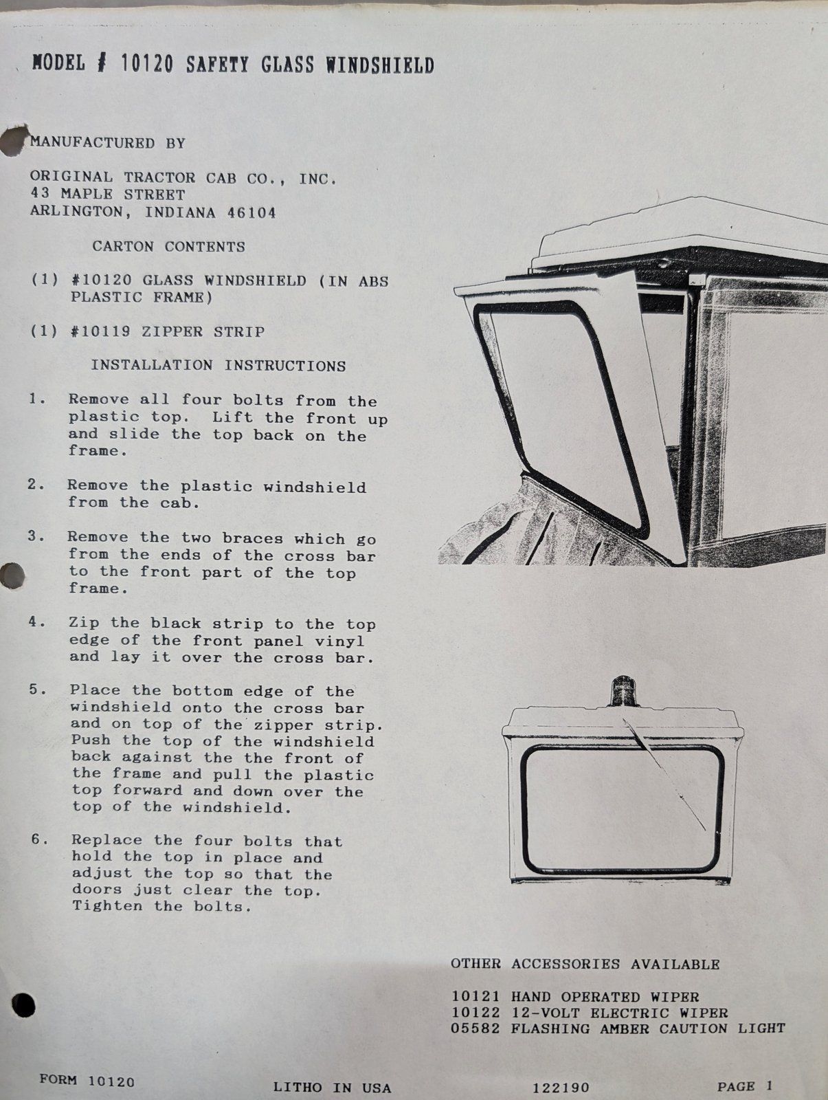 10120 CAB SAFETY GLASS WINDSHIELD INSTRUCTIONS - Ingersoll/Case Tractor Part