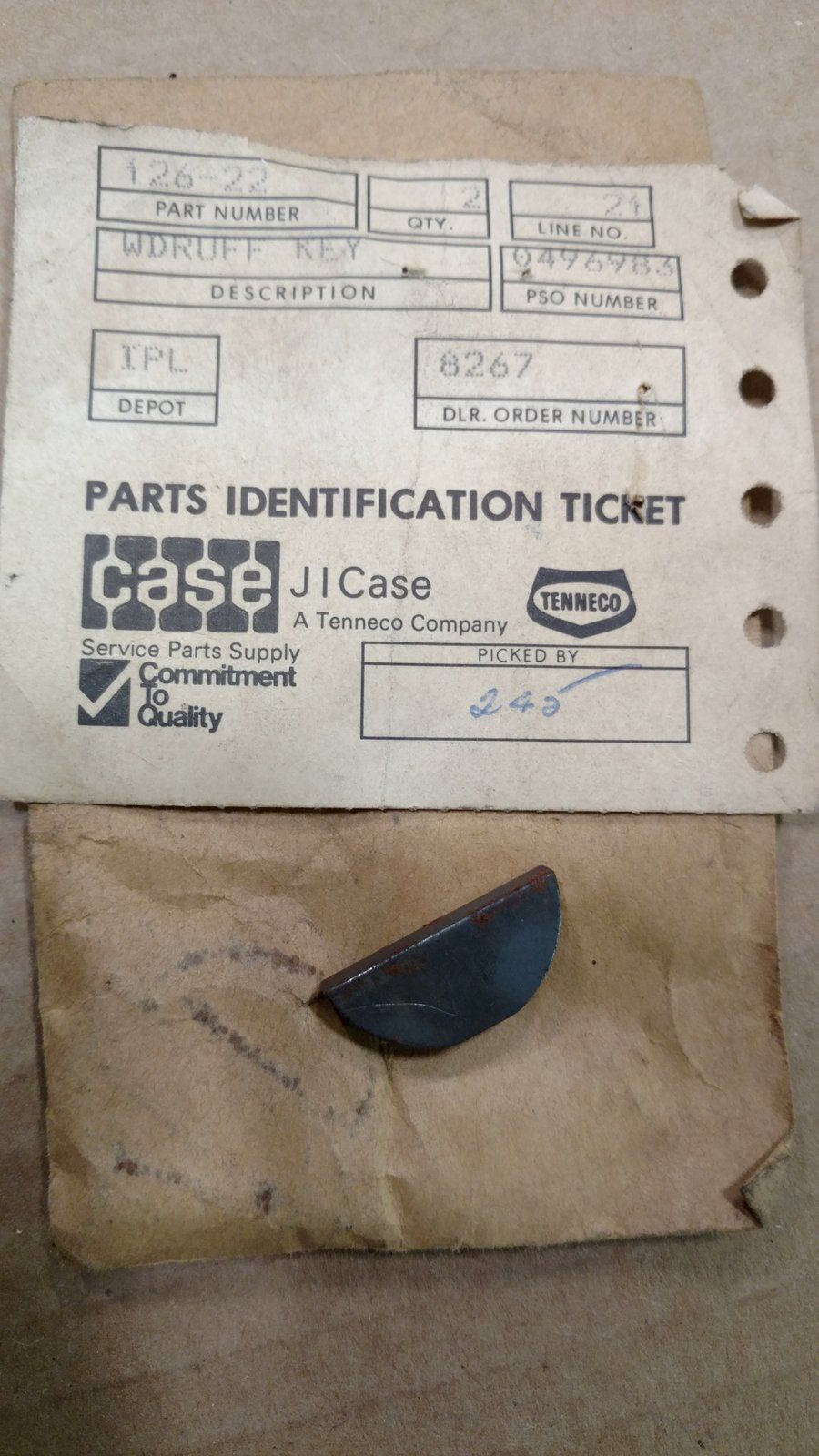 126-22 WOODRUFF KEY 3/16 X 1 - Ingersoll/Case Tractor Part