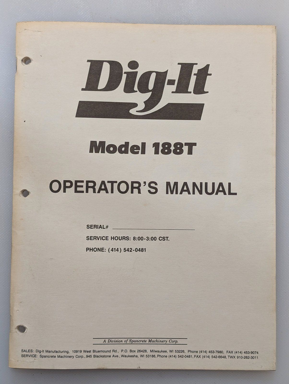 188T OM DIG IT BACKHOE - Ingersoll/Case Tractor Part