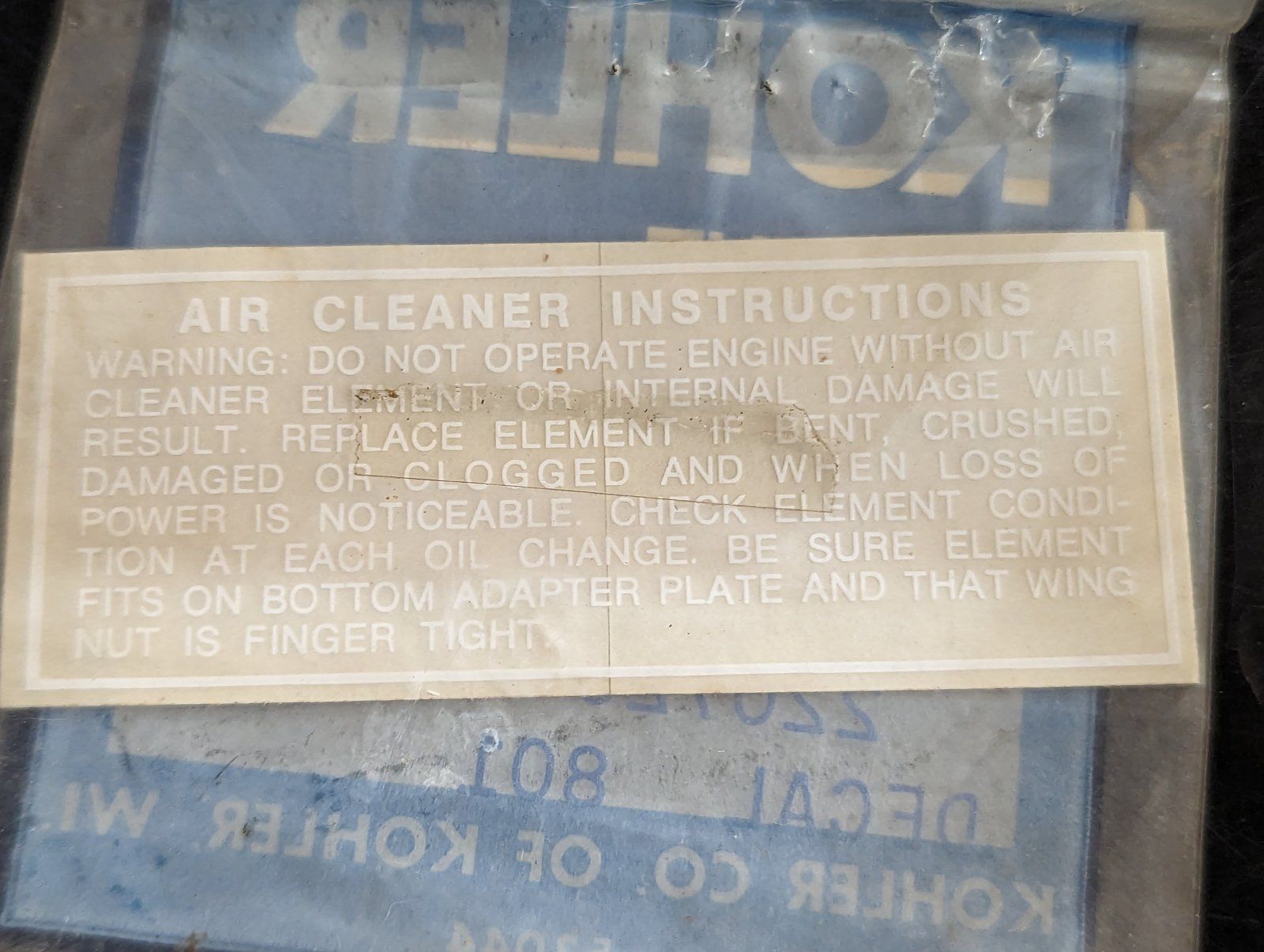 220720 KOHLER DECAL AIR CLEANER - Ingersoll/Case Tractor Part