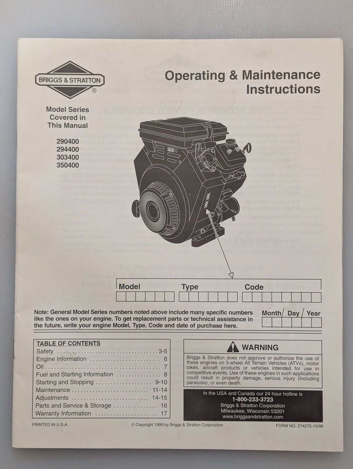 274272 10/99 BRIGGS OPERATING MAINTENANCE INSTRUCTIONS 290400 294400 303400 350400 - Ingersoll/Case Tractor Part