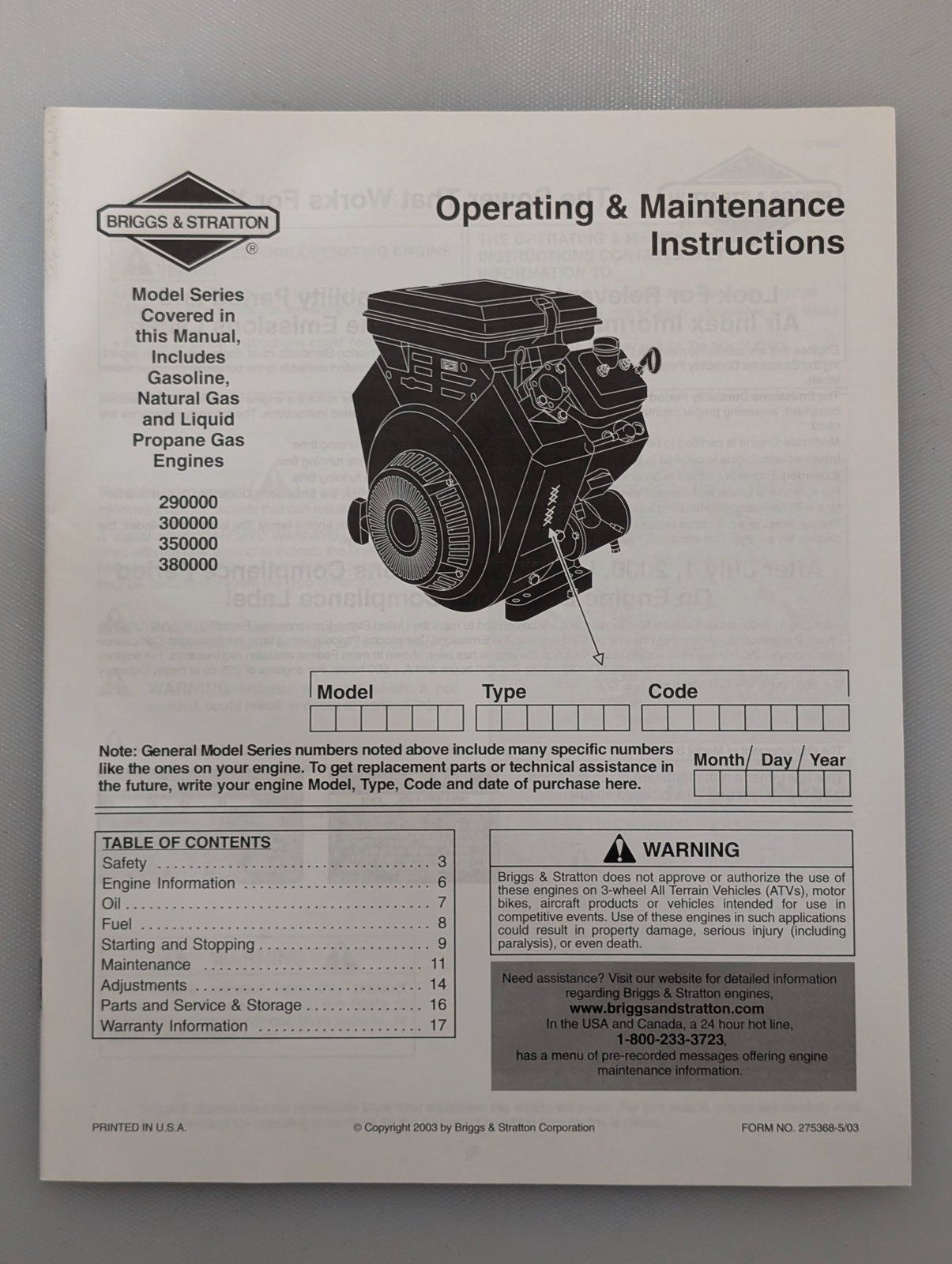 275368 5/03 BRIGGS OPERATING MAINTENANCE INSTRUCTION MANUAL 290000 300000 350000 380000 - Ingersoll/Case Tractor Part
