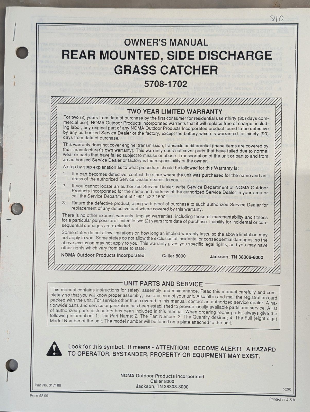 317186 OM NOMA 5708-1702 REAR MOUNTED SIDE DISCHARGE GRASS CATCHER 810 RIDER - Ingersoll/Case Tractor Part